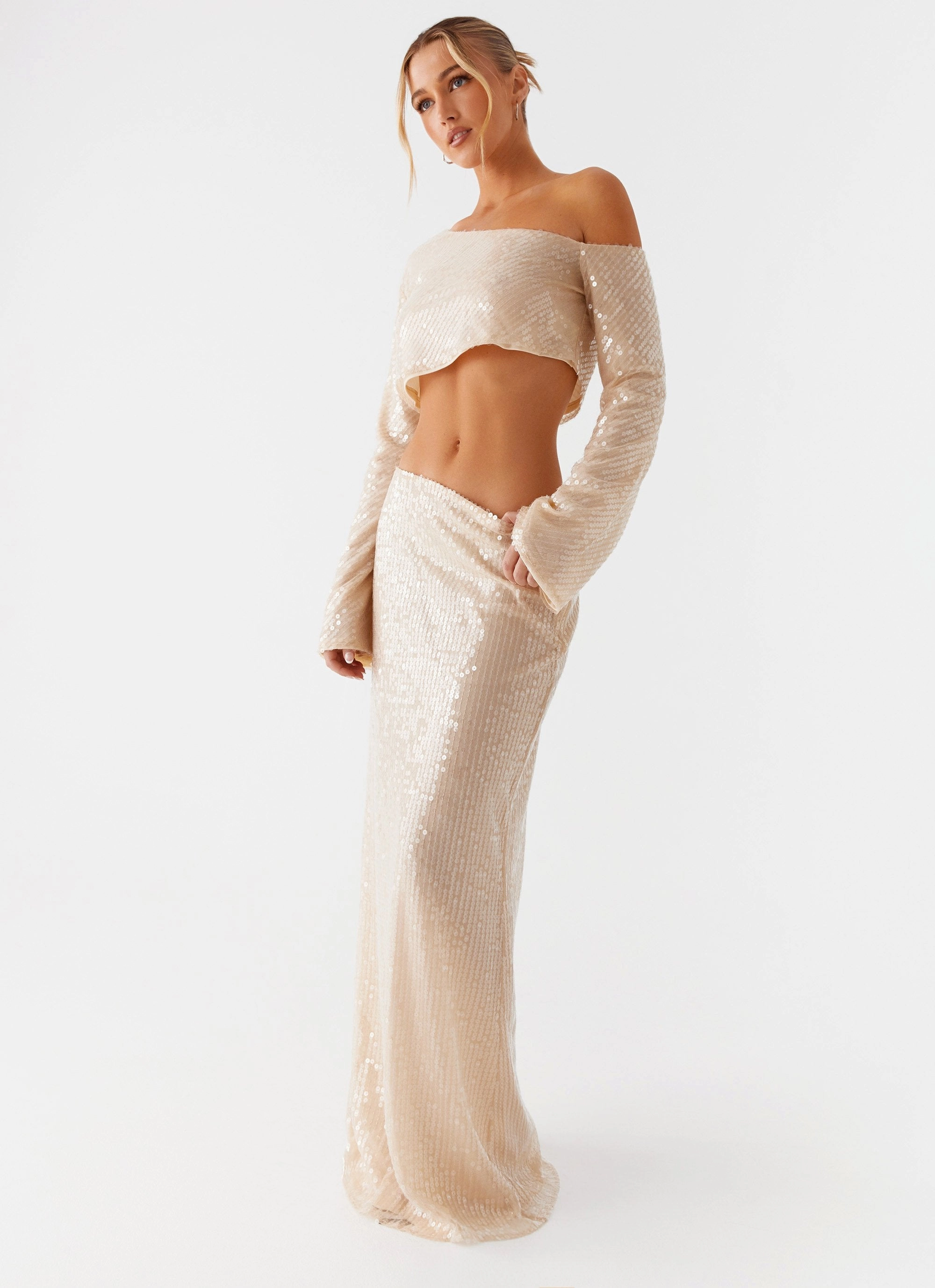 Wisteria Low Rise Sequin Maxi Skirt - Champagne flared silhouette Reinforced Hemline