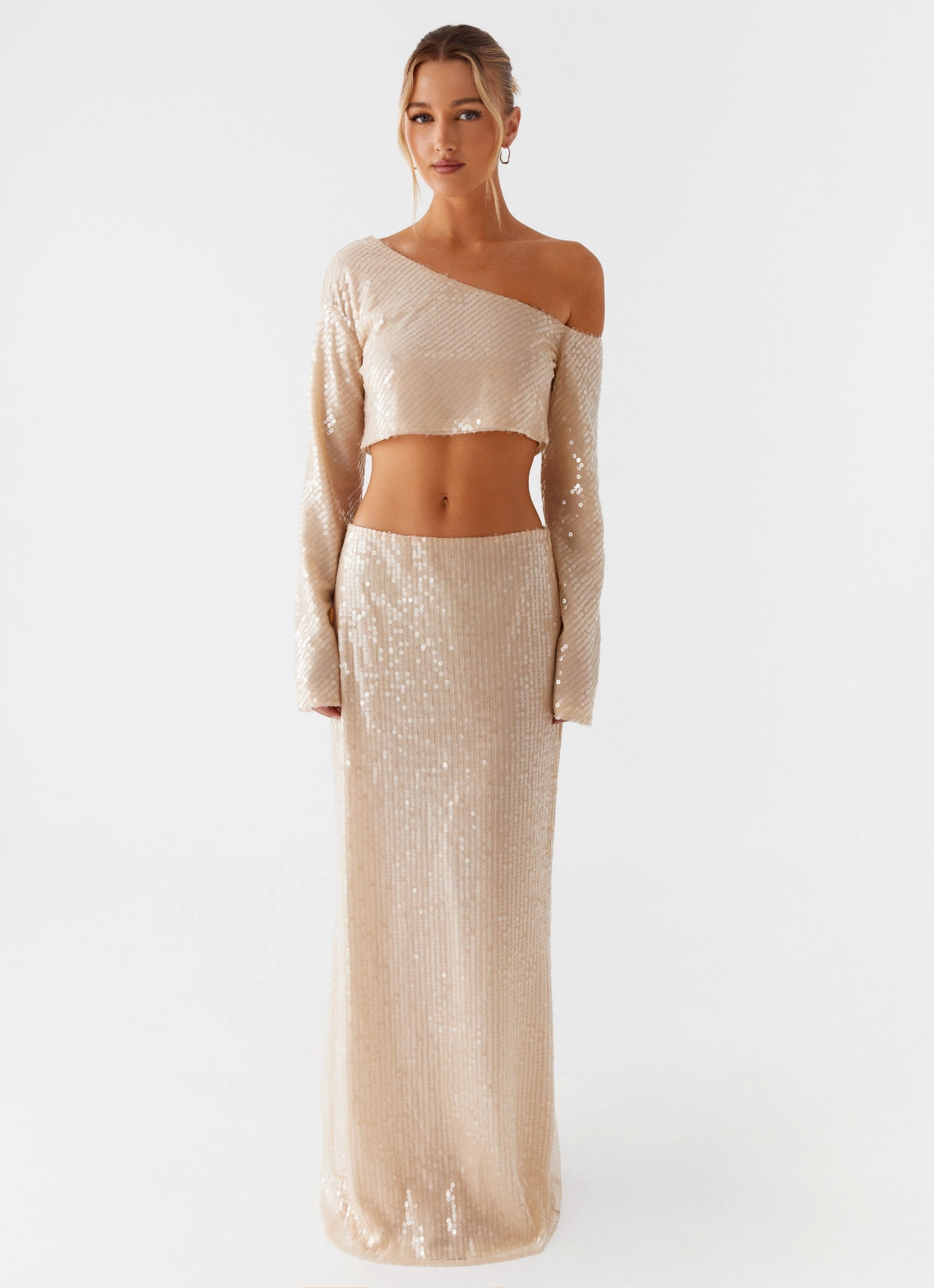 Wisteria Low Rise Sequin Maxi Skirt - Champagne All Season Wear Airy Comfort