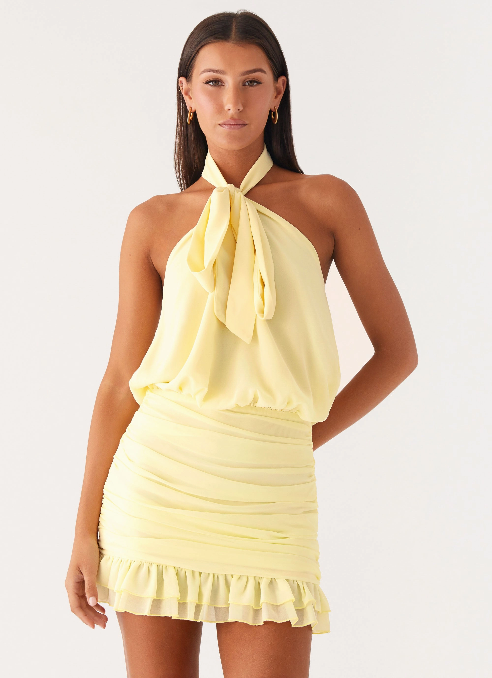 Saebi Tie Neck Mini Dress - Lemon Minimal Aesthetic