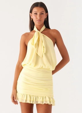 Saebi Tie Neck Mini Dress - Lemon Minimal Aesthetic