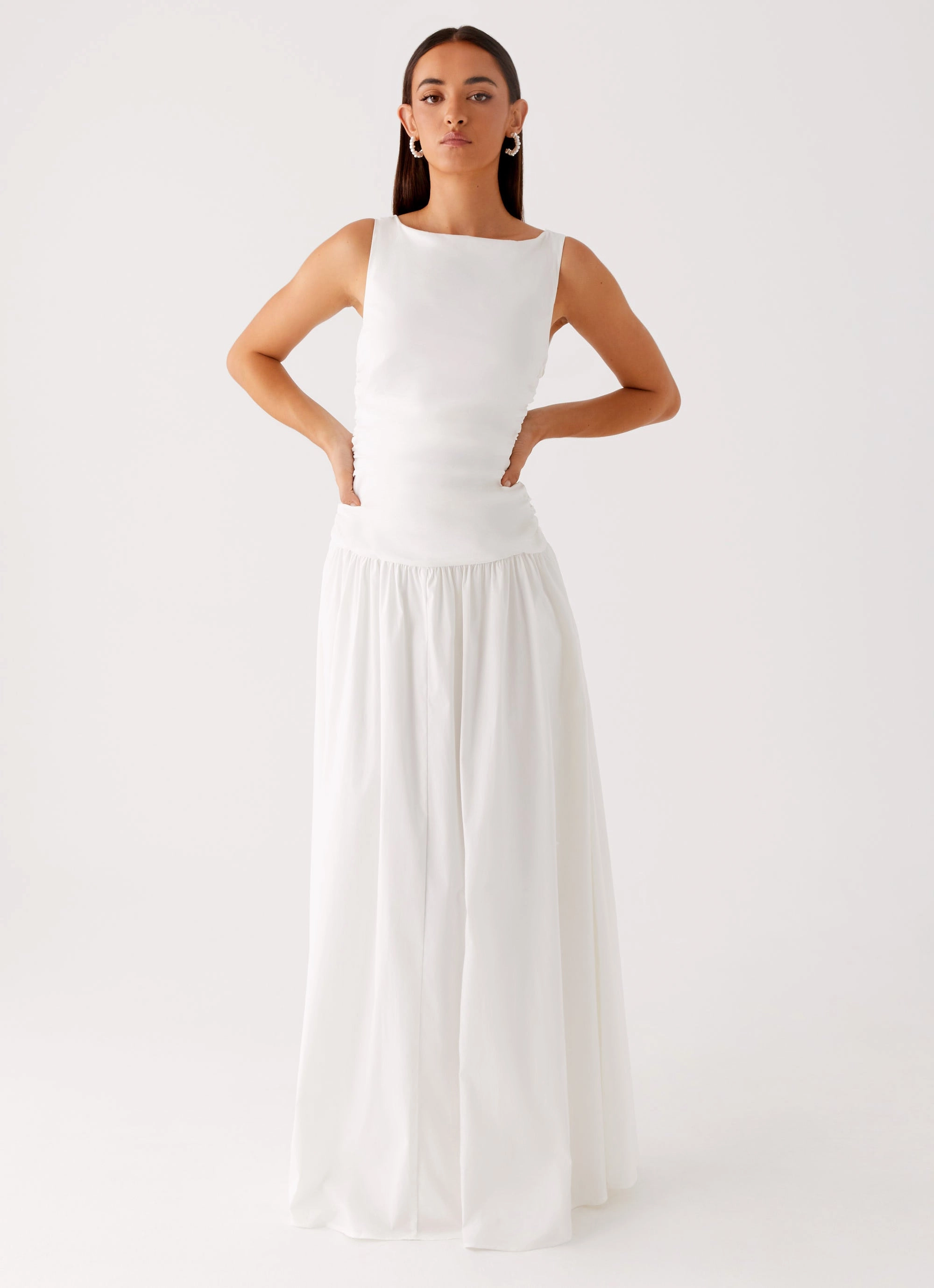 Carmel High Neck Maxi Dress - White Sophisticated Waist