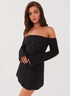 Dominique Blazer Mini Dress - Black Satin Soft