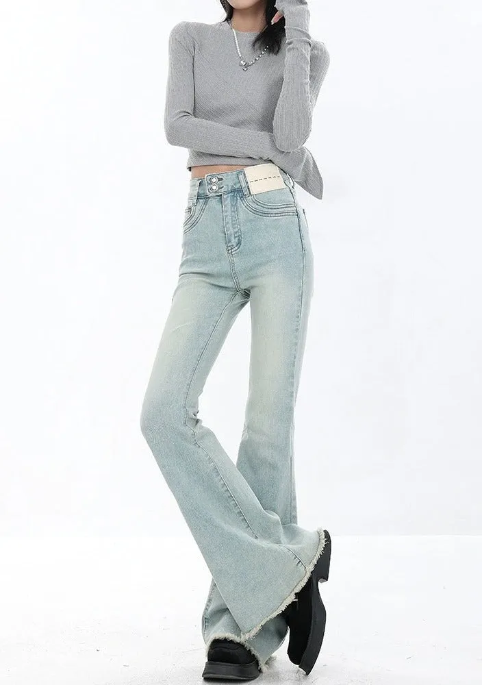 Skinny Reverse-Patch Distressed Hem Flared Jeans