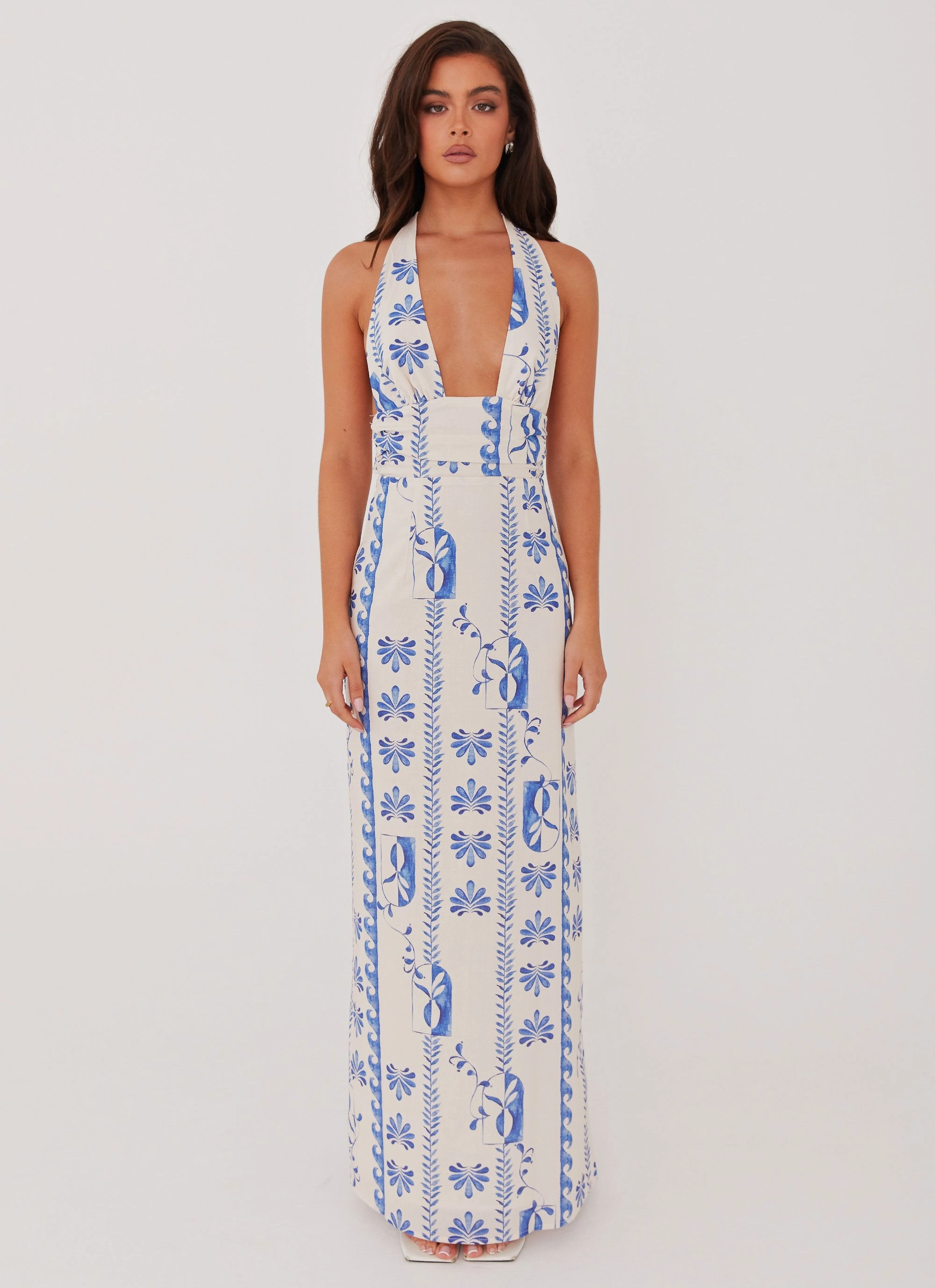 Sky Linen Maxi Dress - Floral Wave Day Chic Embroidered-Detail