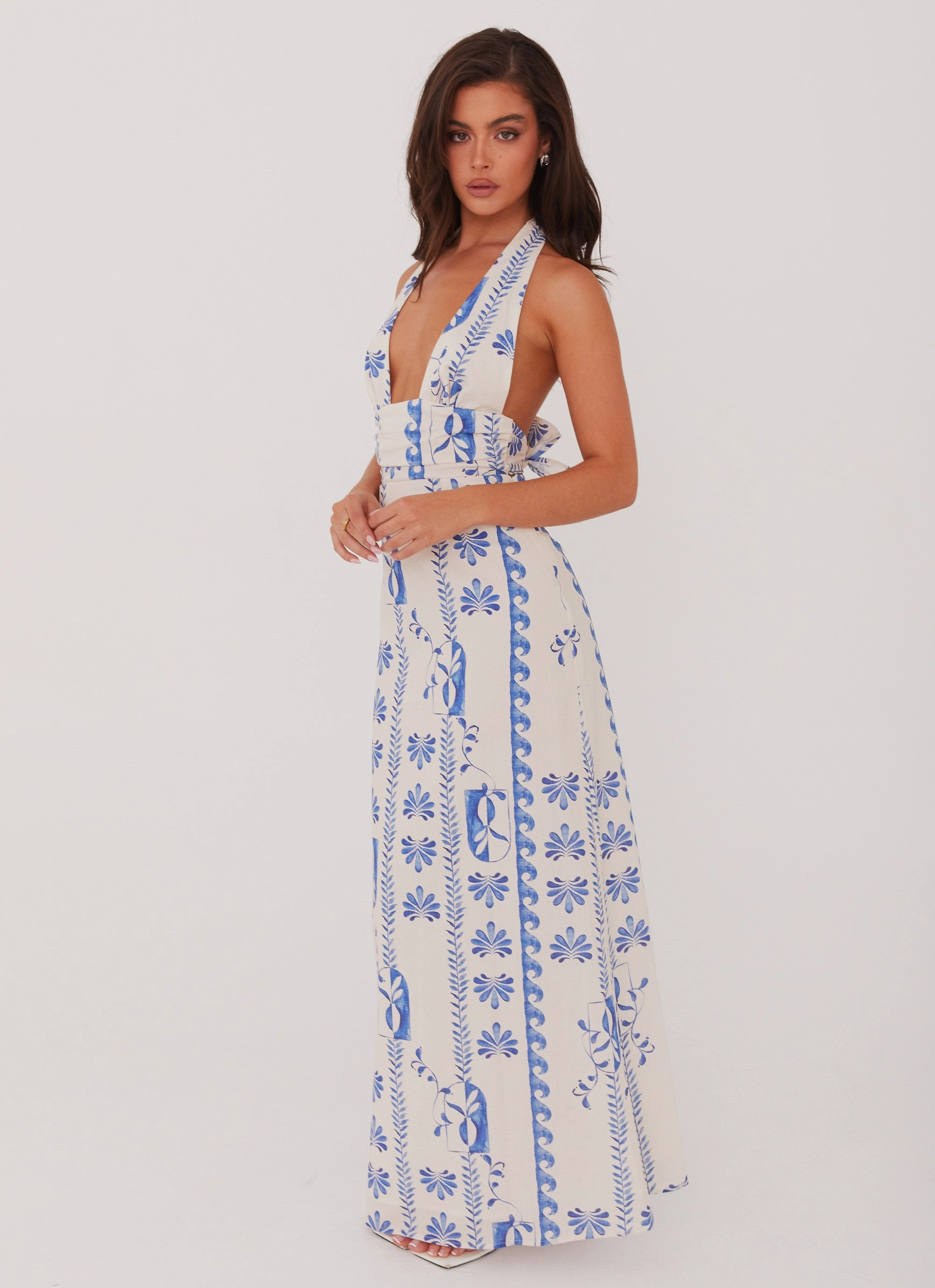 Sky Linen Maxi Dress - Floral Wave Church Scene Texture Soft