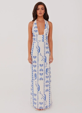 Sky Linen Maxi Dress - Floral Wave Day Chic Embroidered-Detail