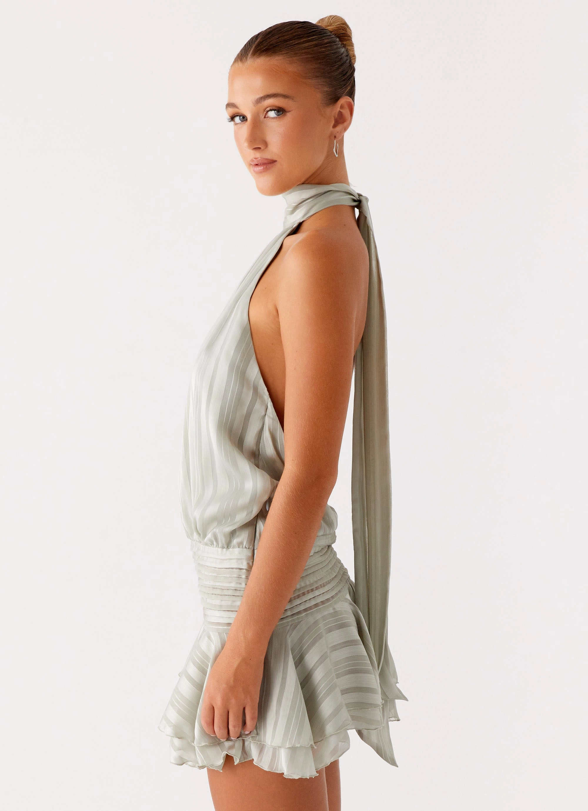 Jewel Accent Willow Chiffon Mini Dress - Green