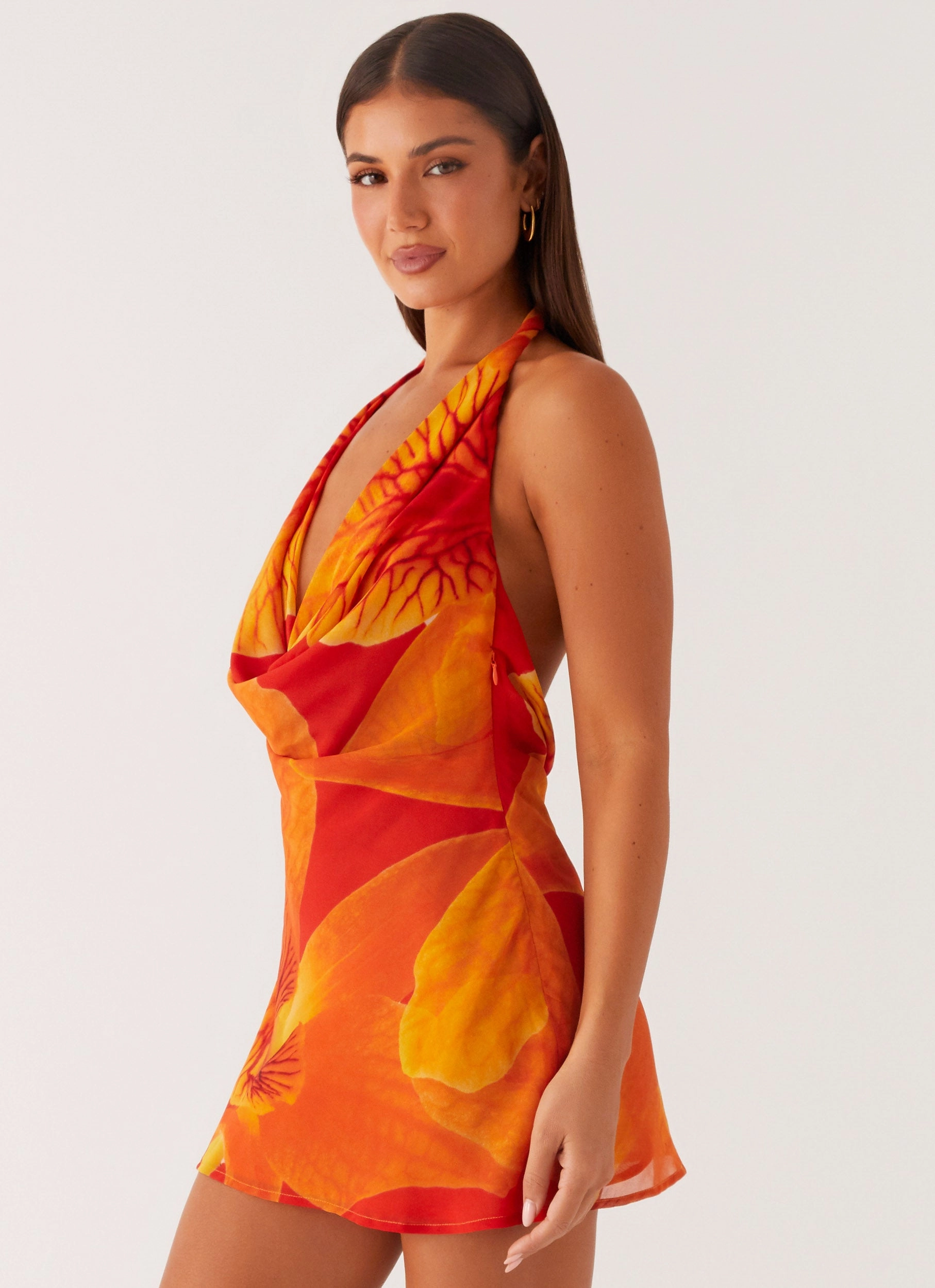 Solar Beam Cowl Mini Dress - Serene Orange Regular-fit Texture Mood