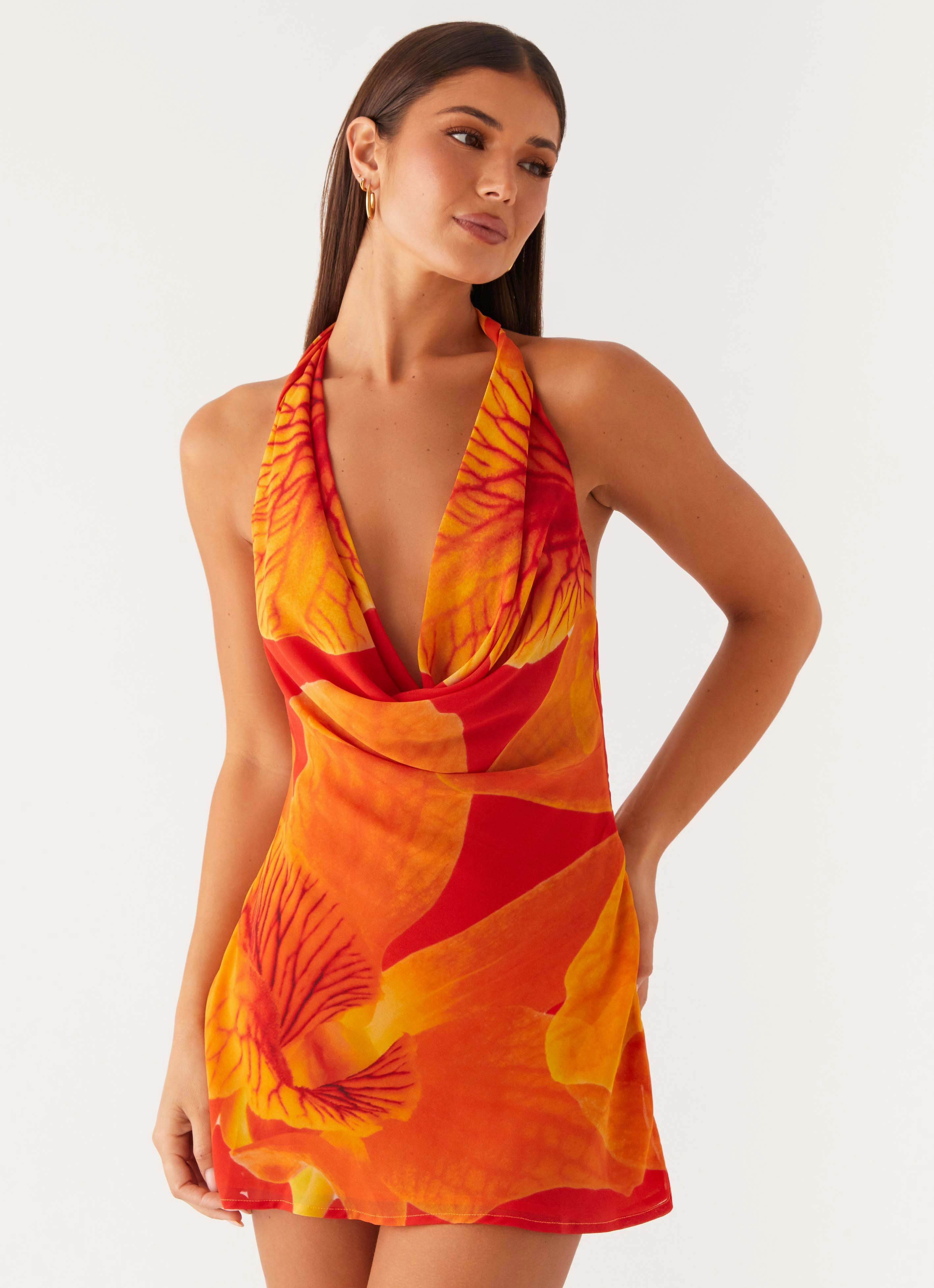 Evening Classic Cool Touch Solar Beam Cowl Mini Dress - Serene Orange