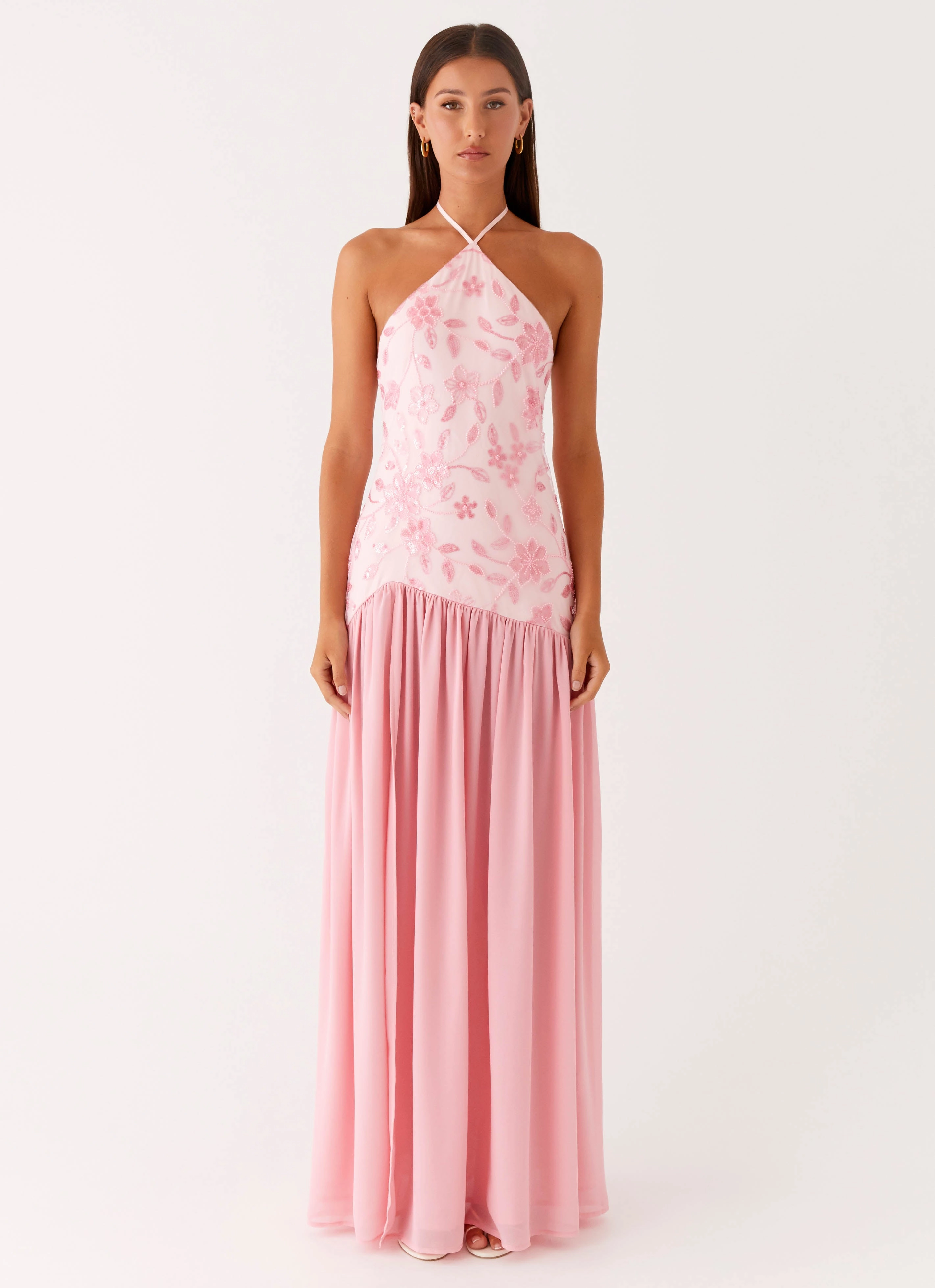 Janelle Beaded Maxi Dress - Pink High Neck Youthful Feel