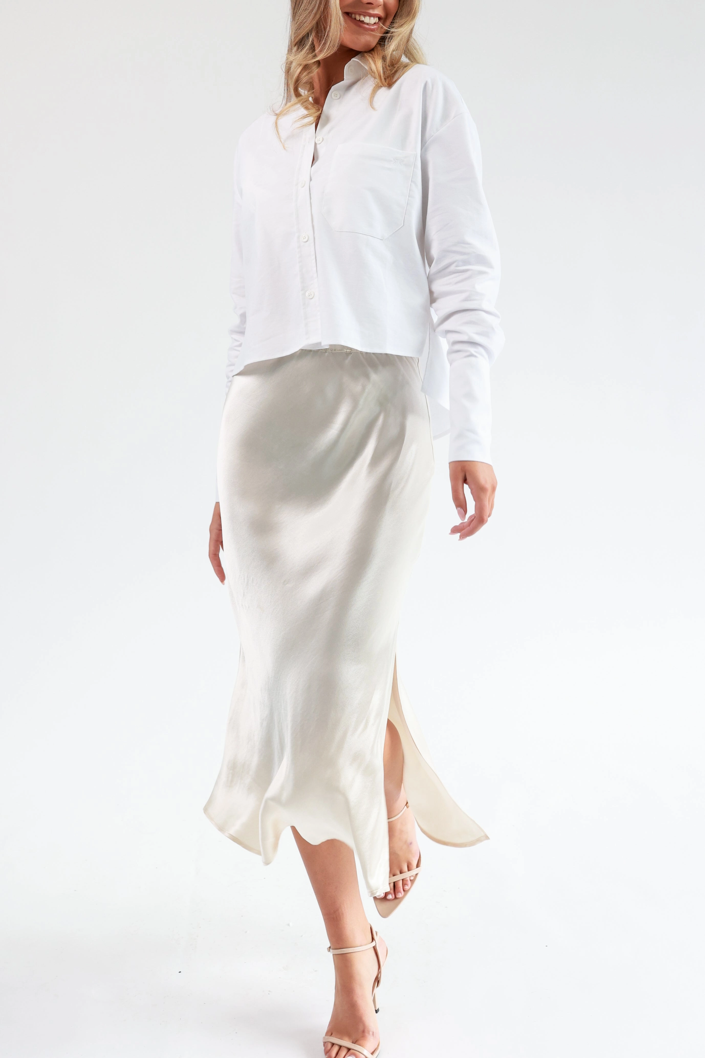 "The Orla" - Satin Midi Skirt (Champagne) Event Glow Day Fit