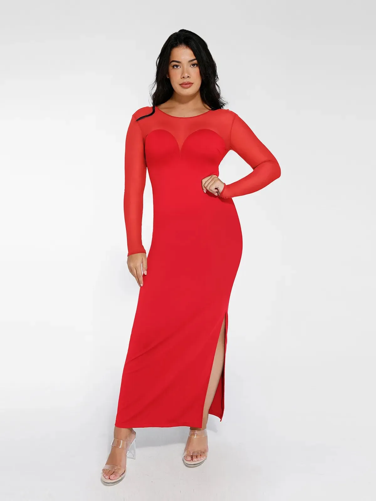 Shapewear Mesh Long Sleeve V-Back Slimming Maxi Dress TwillWeave Adjustable Hem Toggles