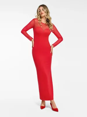 WaffleWeave NonRestrictive Cut Shapewear Mesh Long Sleeve V-Back Slimming Maxi Dress