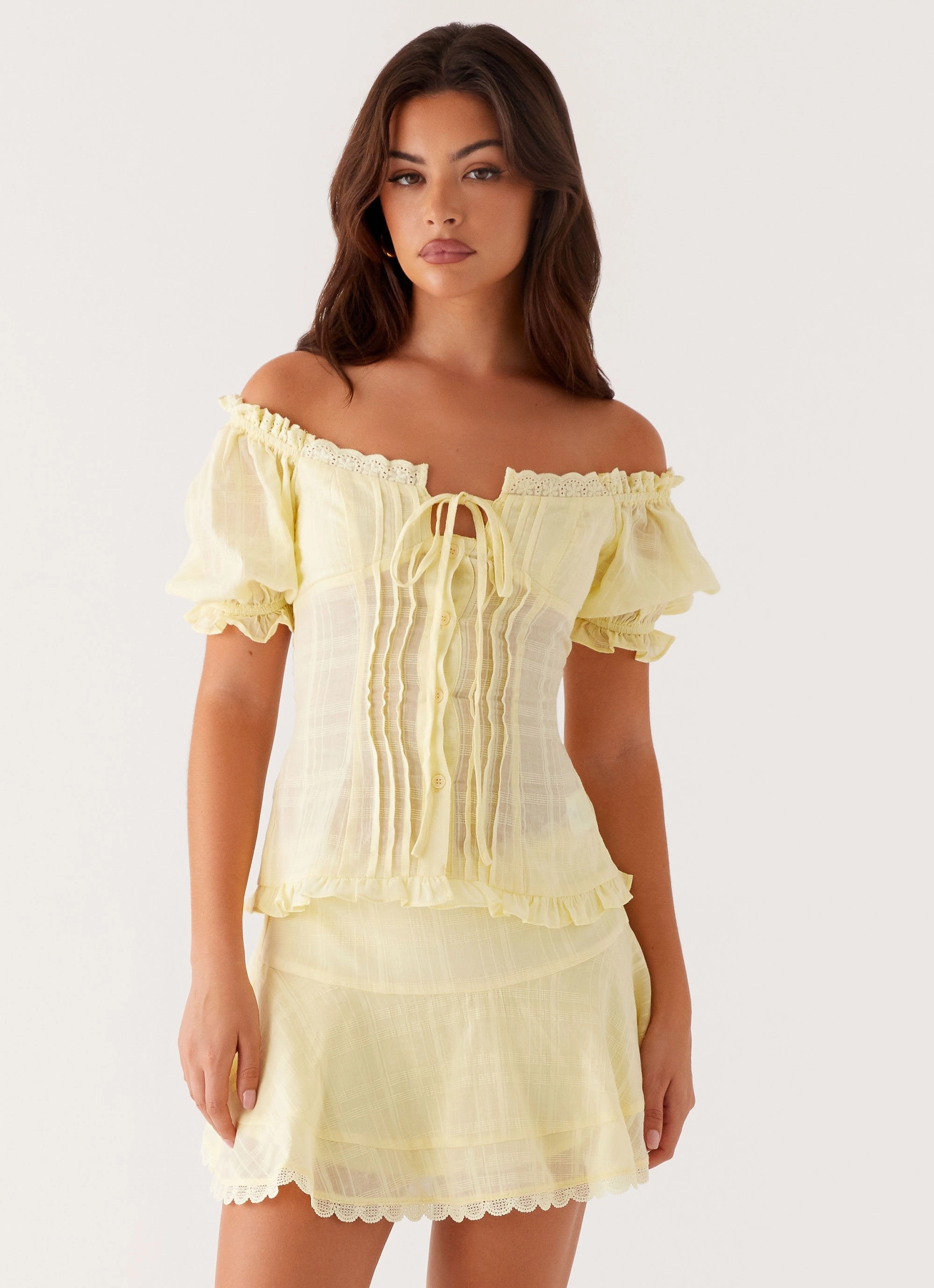 Flex Fit Shoulder Construction Hundred Percent Puff Sleeve Top - Yellow