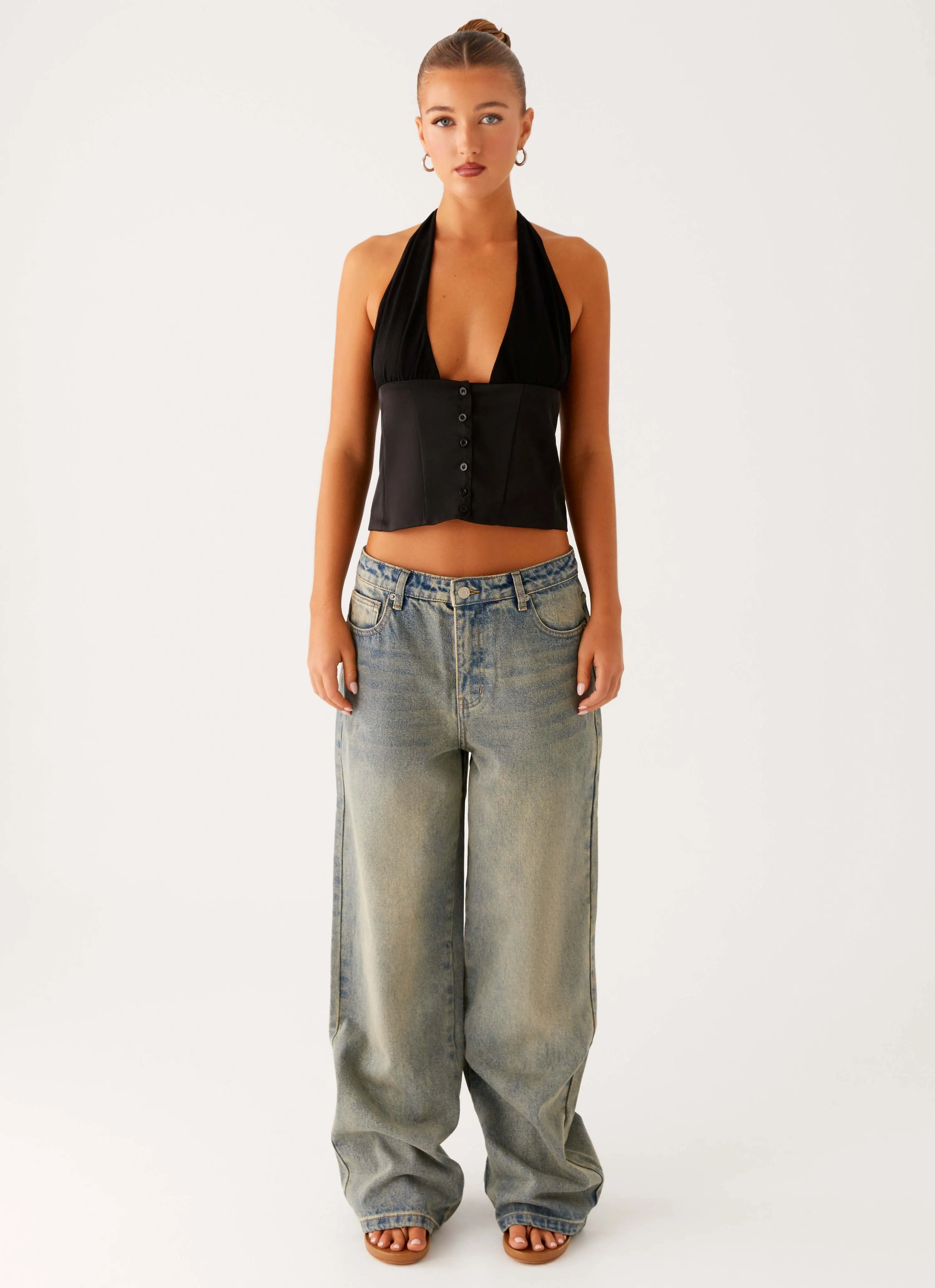 Cozy Sweater Lets Pretend Halterneck Top - Black