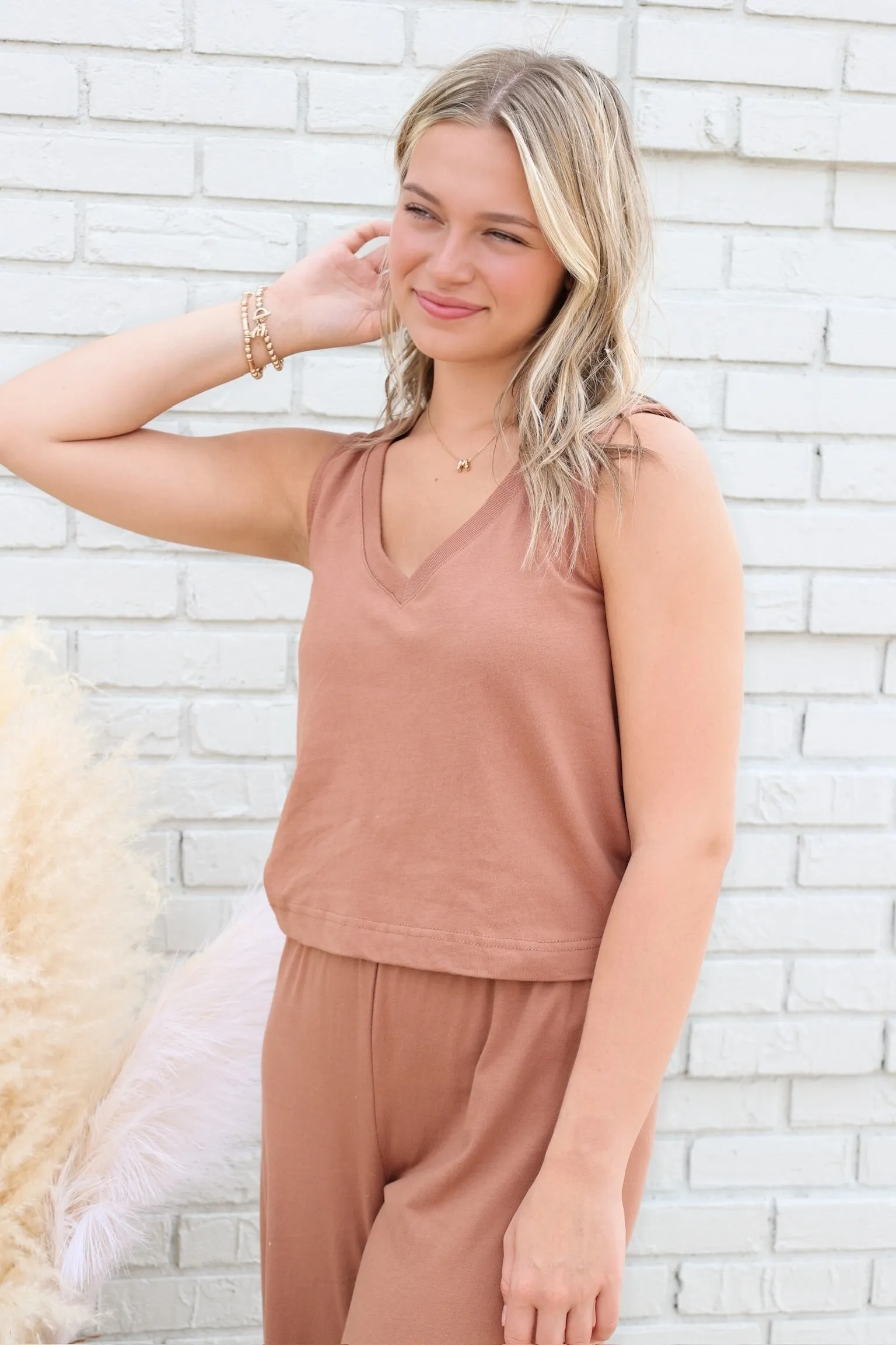 Sloane V-Neck Tank - Teakwood Lightweight Blouse Modular Layering System