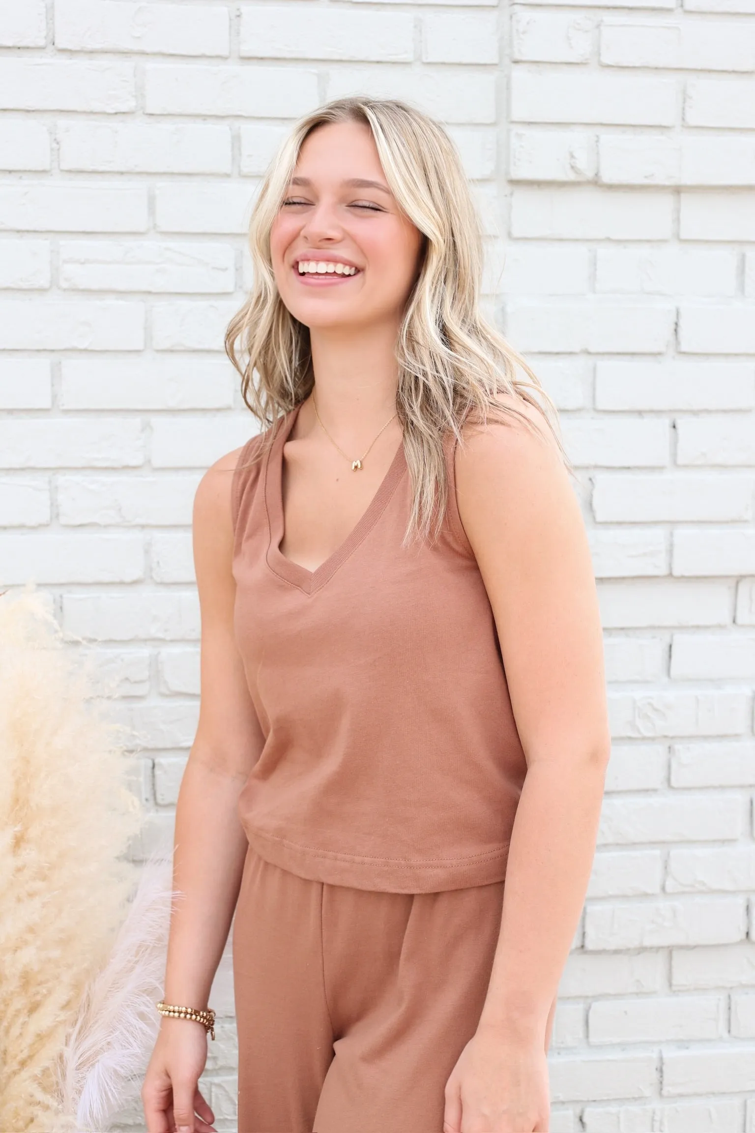 Sloane V-Neck Tank - Teakwood Layered Placket Design LaserCut Edges