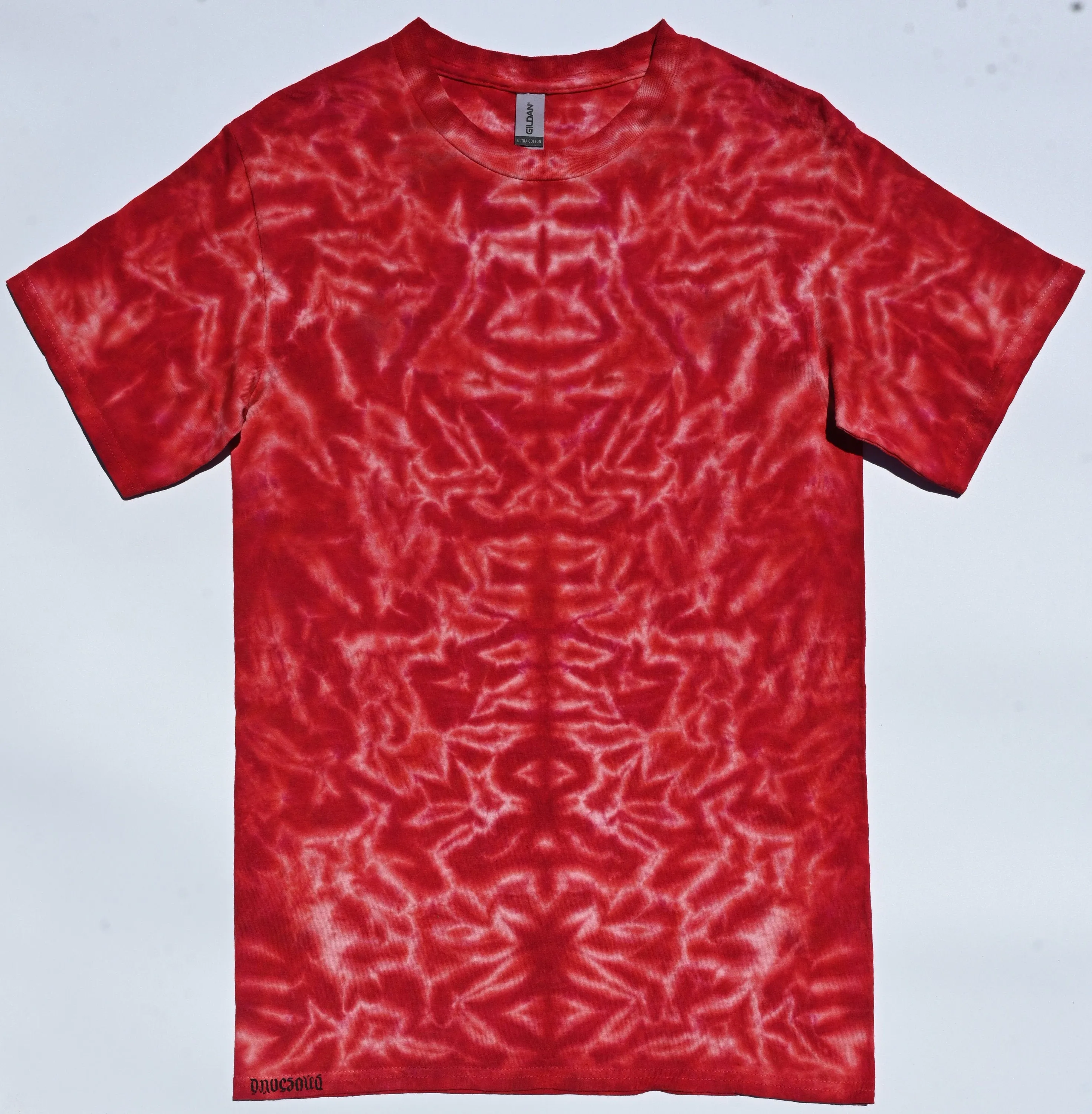 Small Rorschach Scrunch in Reds Tie Dye on a Gildan Ultra Cotton PFD (Prepared for Dye) T-Shirt