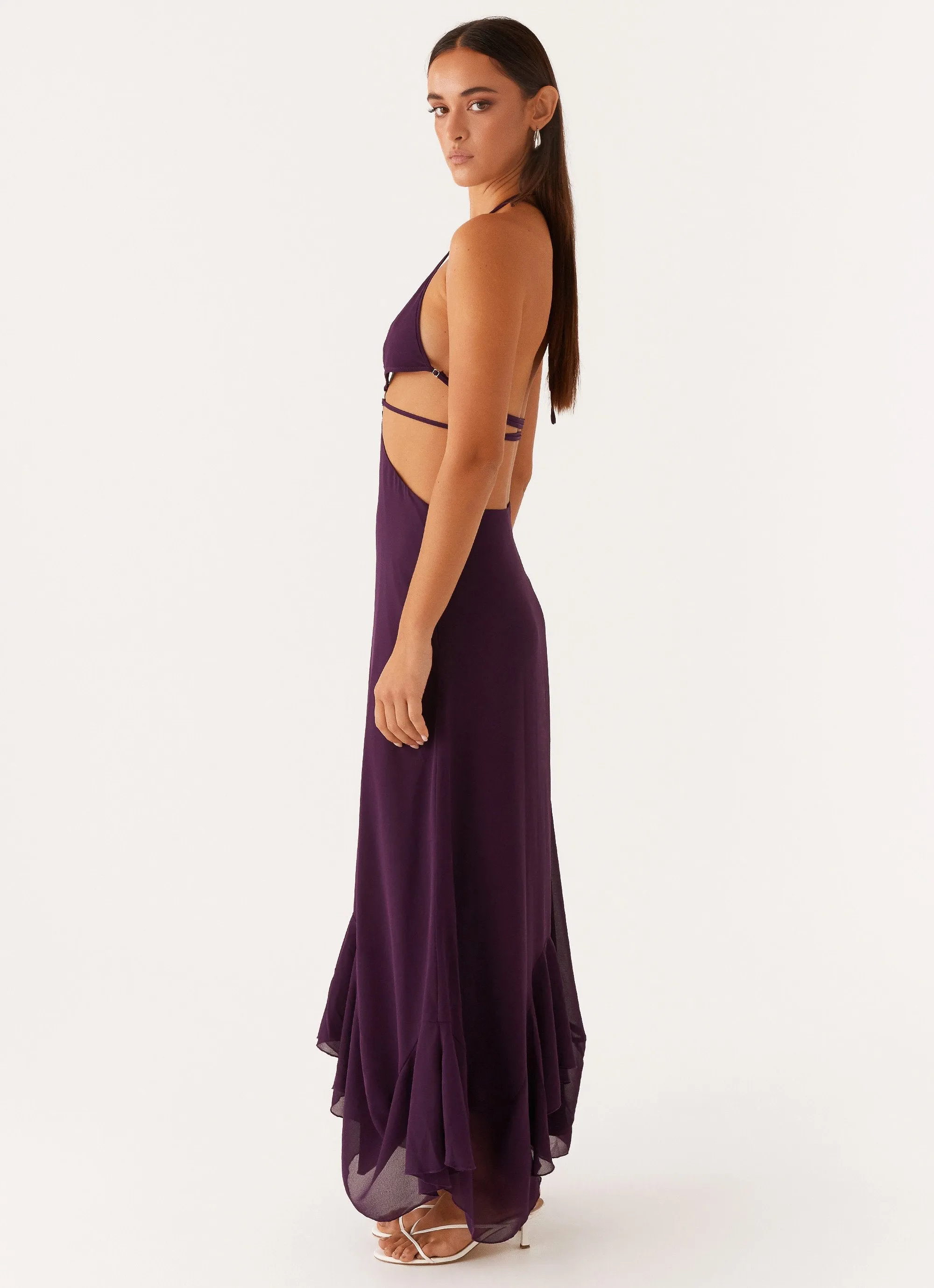 Sleek and Flattering Shimmer-Finish Bronx Halterneck Maxi Dress - Mulberry