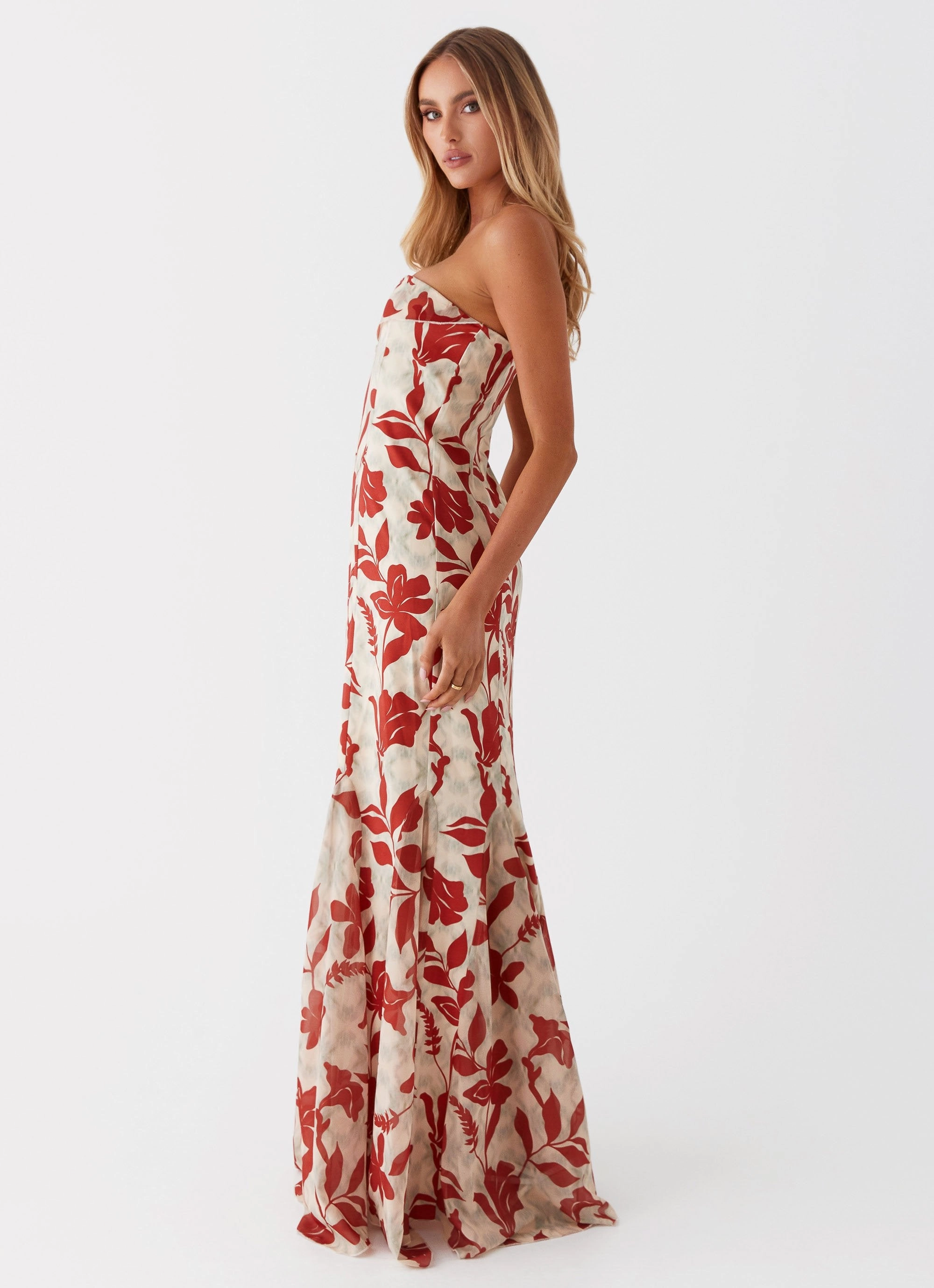 Willa Maxi Dress - Red Green Floral Linen-Blend