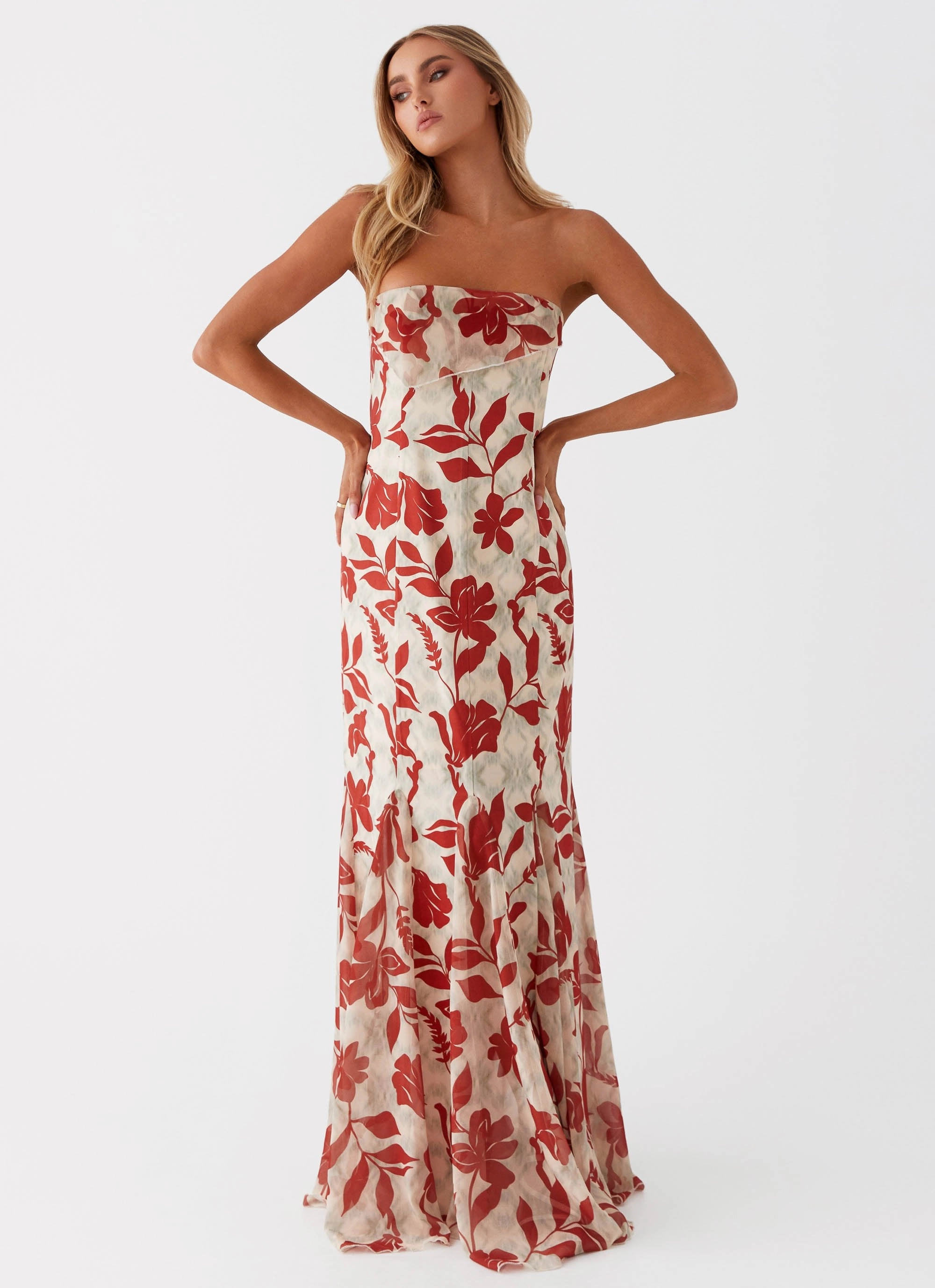 Sister Charm Runway-Ready Willa Maxi Dress - Red Green Floral