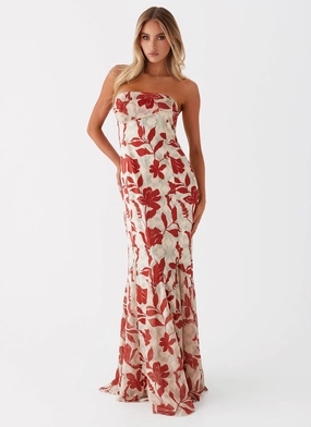 Willa Maxi Dress - Red Green Floral Printed-Fabric Peplum-Style