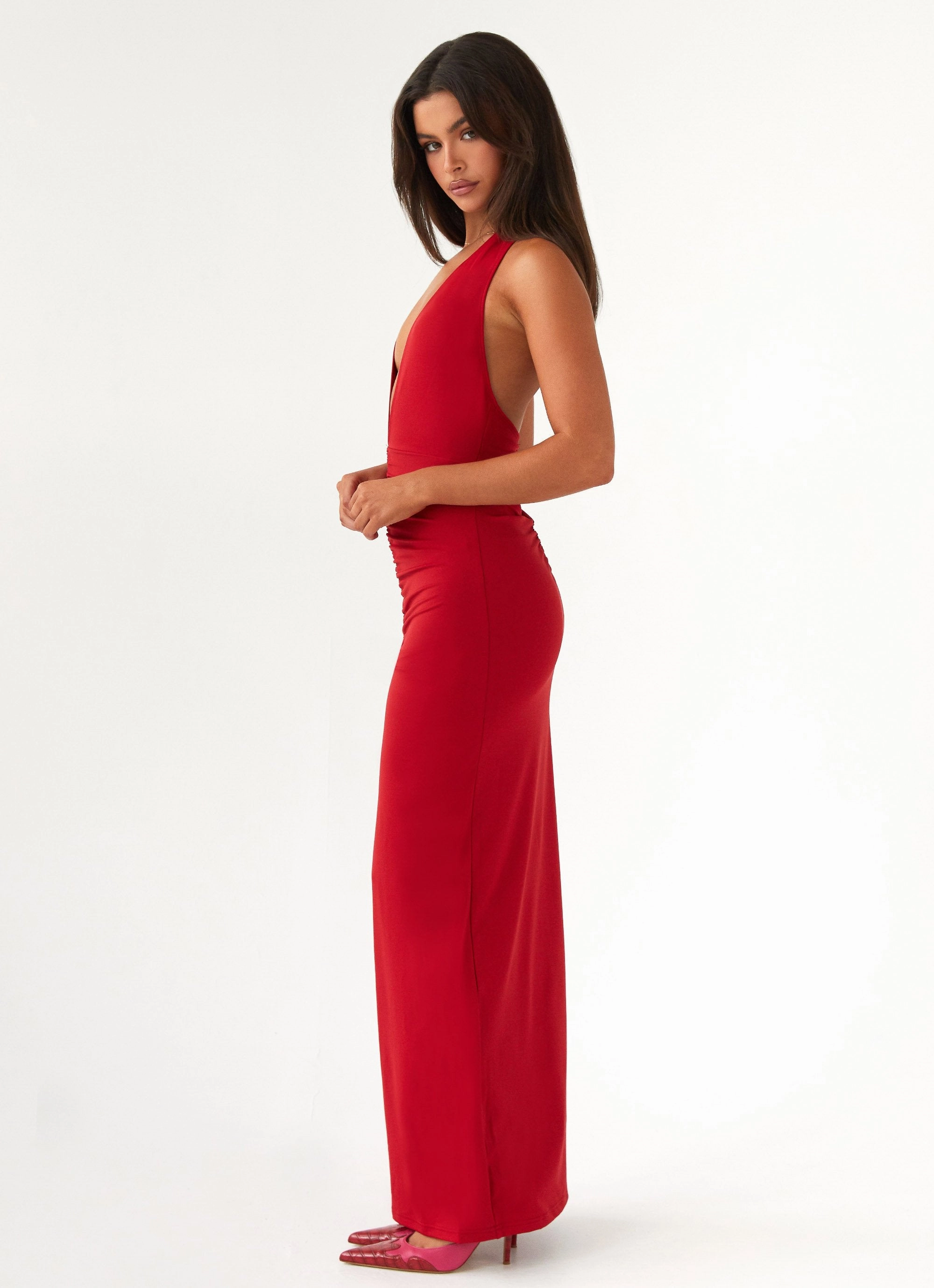 Whisked Away Halterneck Maxi Dress - Red Sharp Profile Quilted-Texture