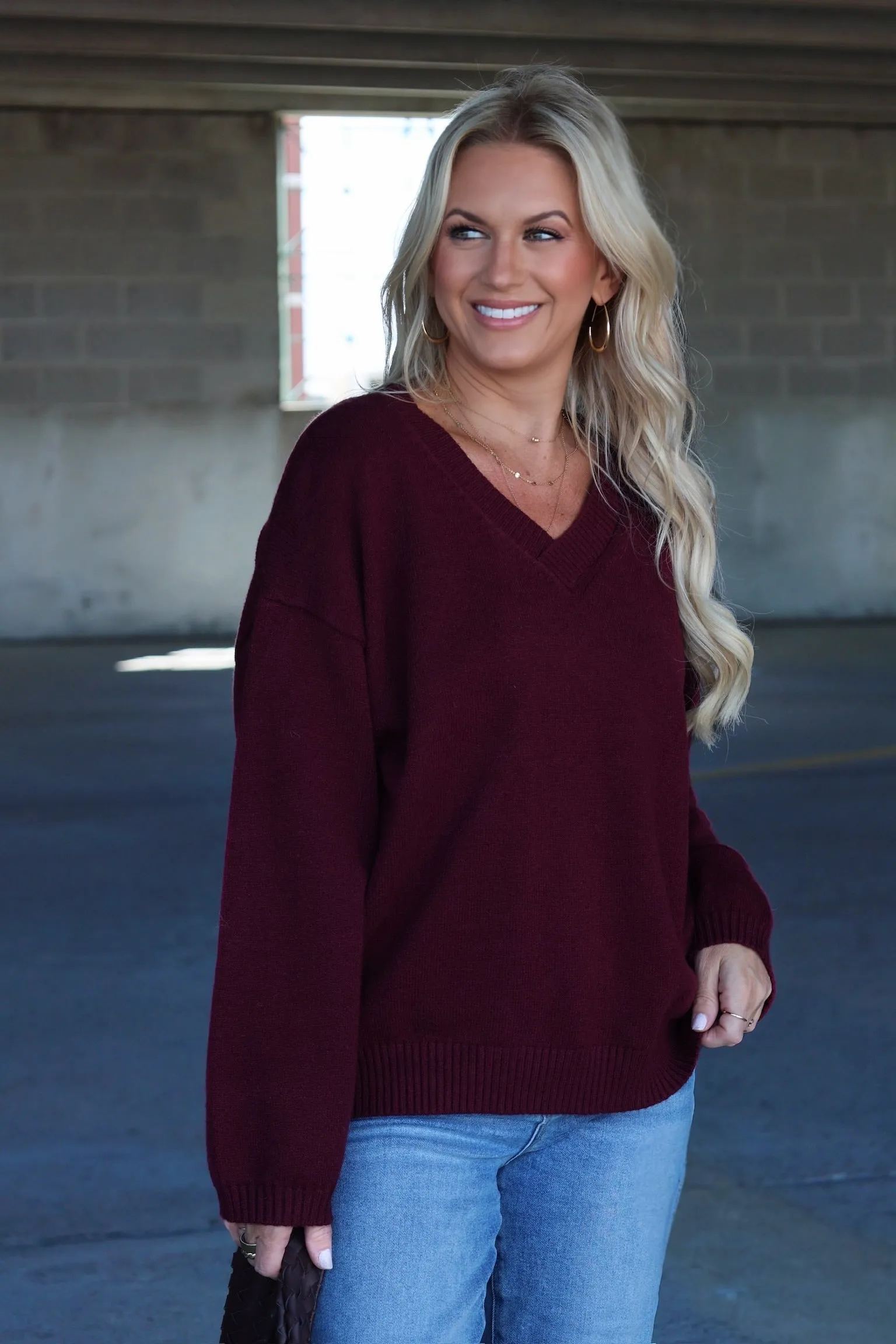 Rolled Cuffs Erin V-Neck Sweater - Maroon