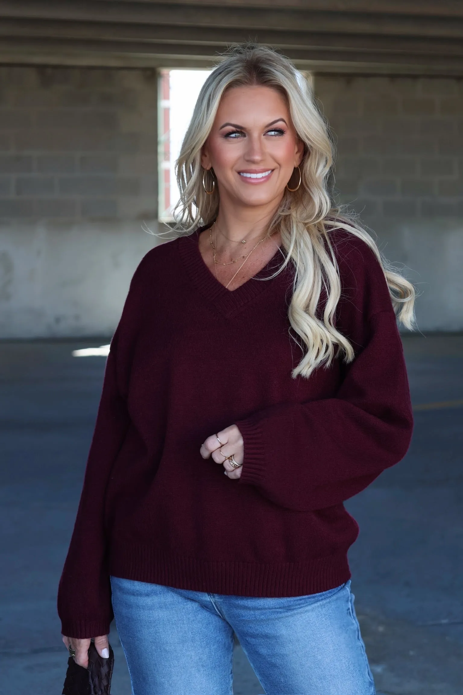 Erin V-Neck Sweater - Maroon Stretch Waistband Design
