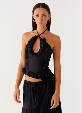 ContrastStitching Mariella Linen Top - Black