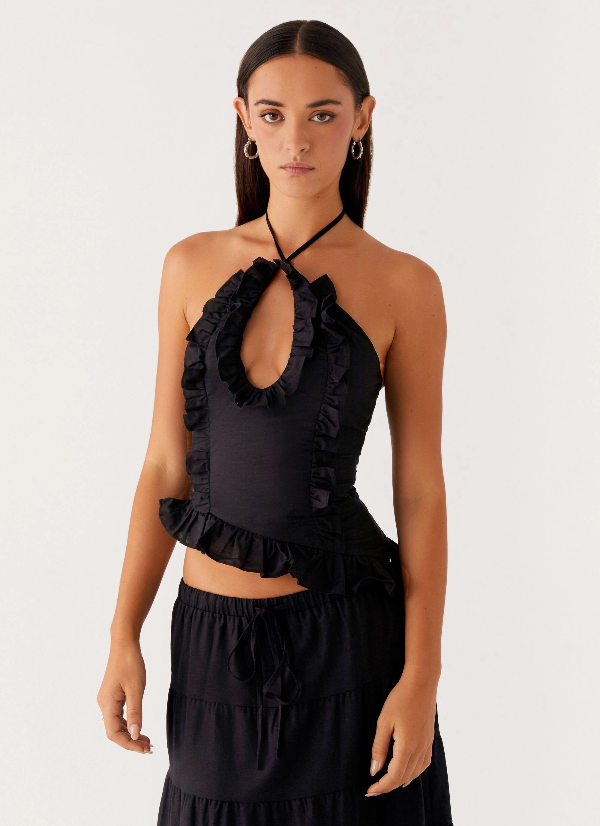 ContrastStitching Mariella Linen Top - Black