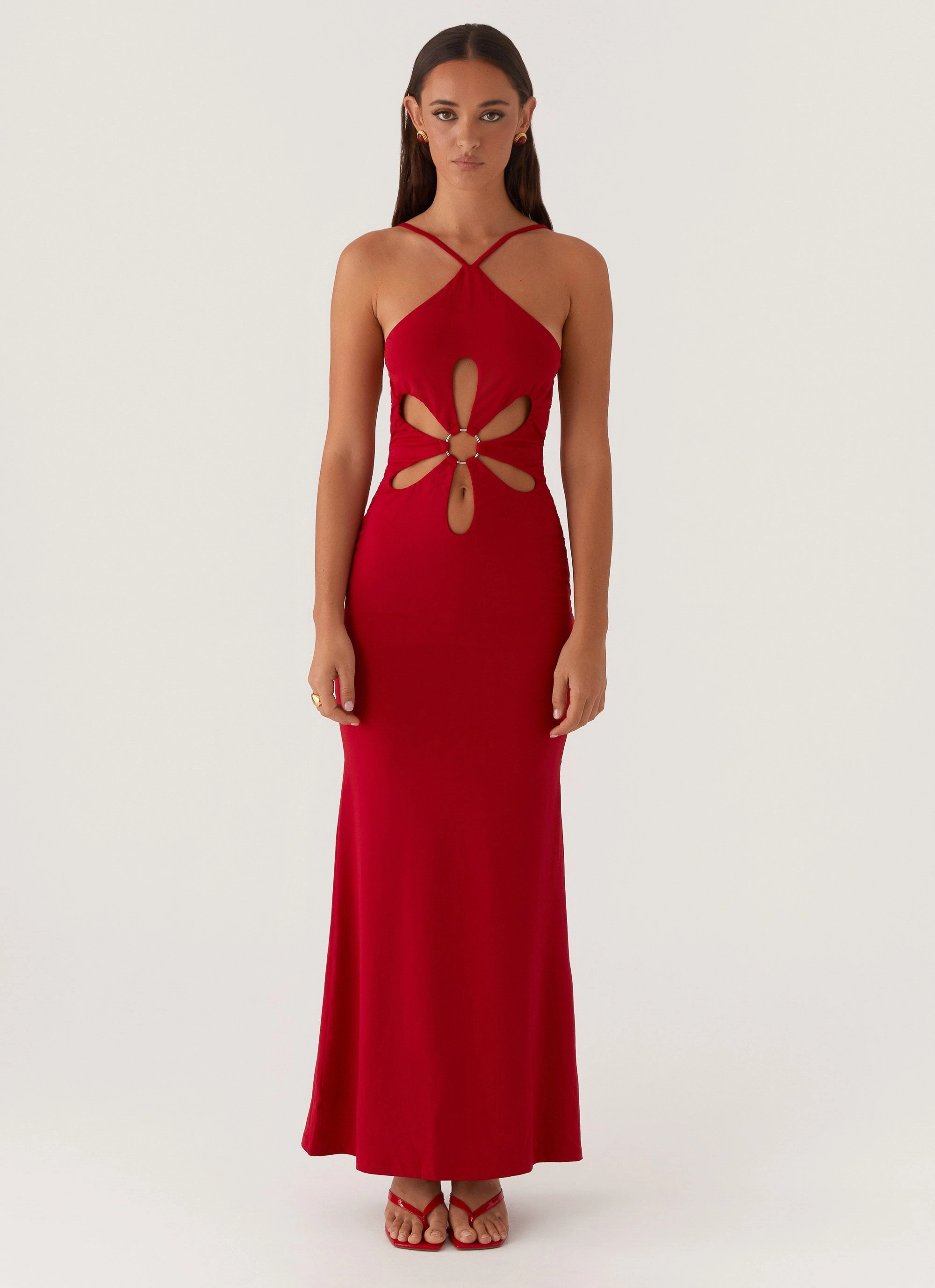 Snap-Closure Chilly Weather Wear Grow Together Maxi Dress - Red