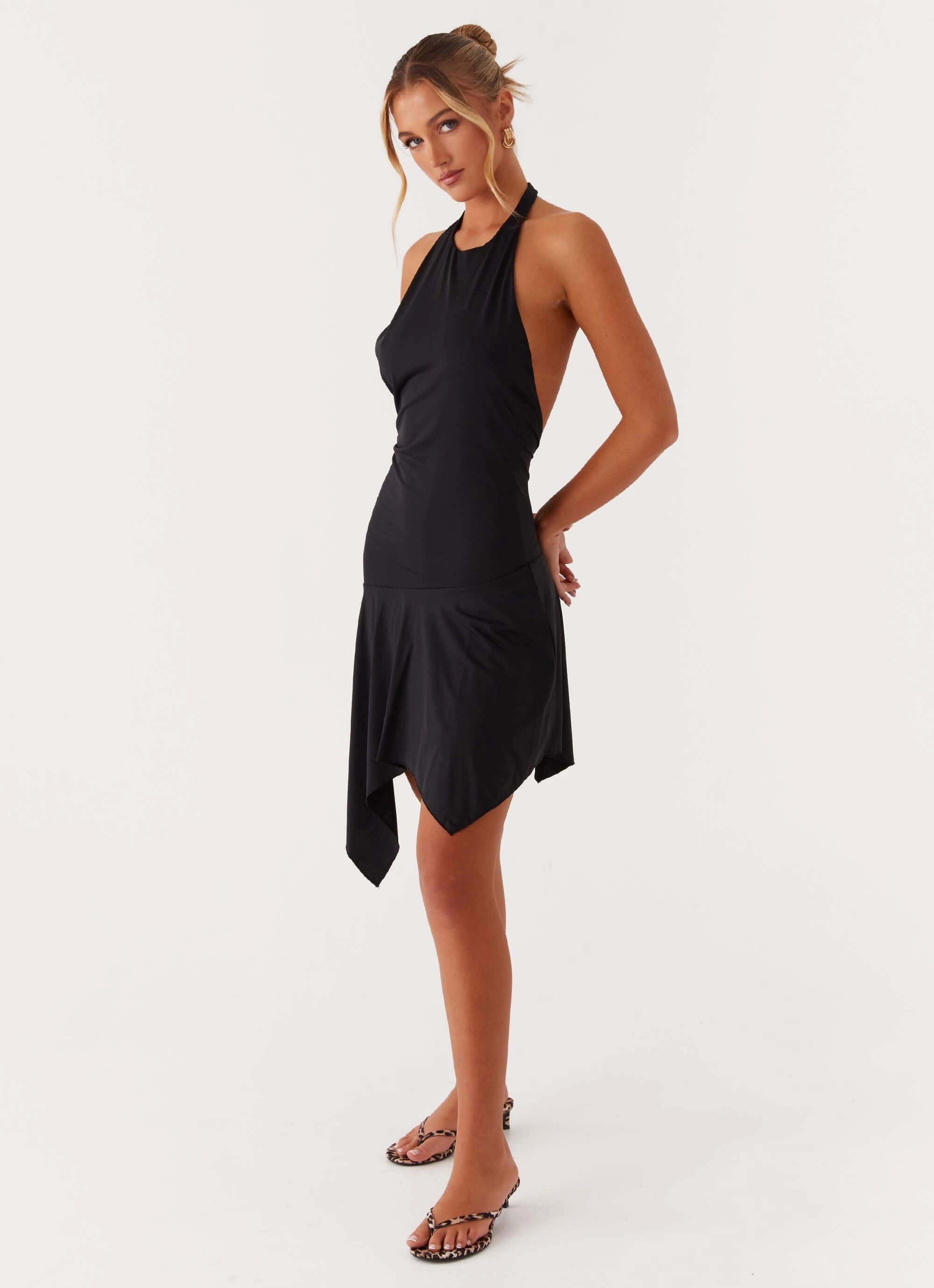 Lilyana Low Back Halter Midi Dress - Black Trendy Everyday