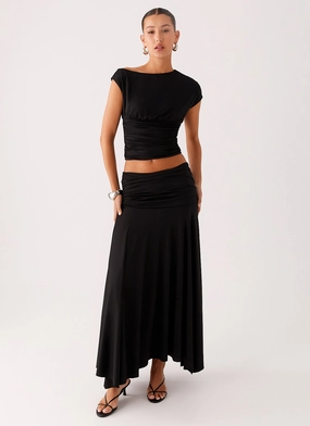 Liana Ruched Maxi Skirt - Black Basic Stretch