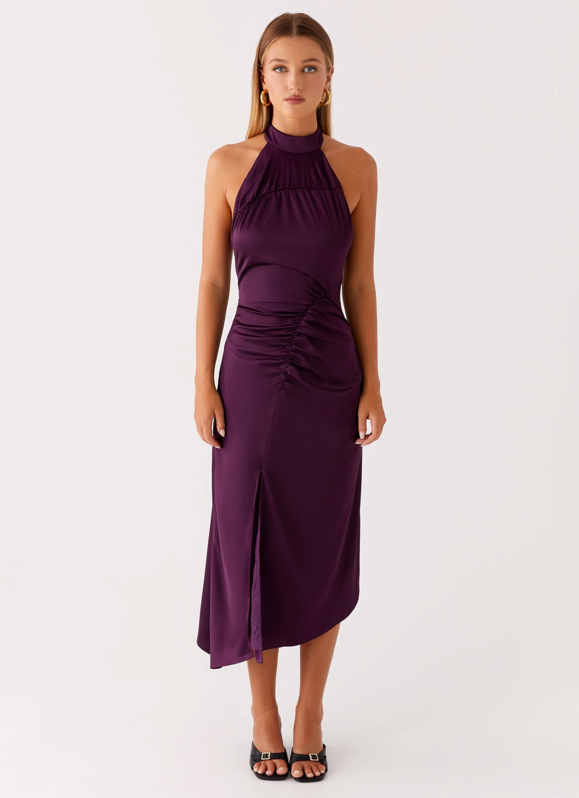 Minimalist fit-and-flare Classic and Modern Casta Halterneck Midi Dress - Plum