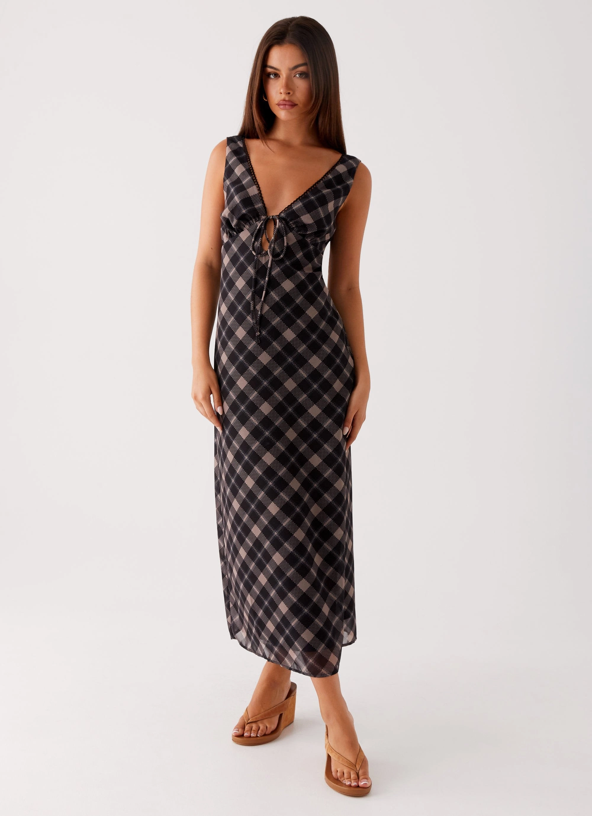 V-Neck sophisticated appearance Gianna Midi Dress - Taupe Check