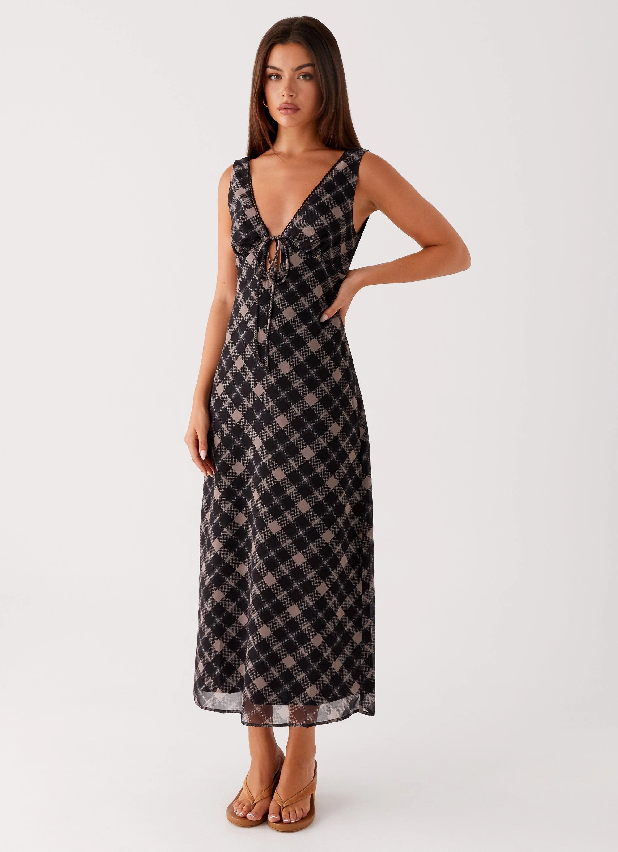 Urban Line Romantic-Style Gianna Midi Dress - Taupe Check