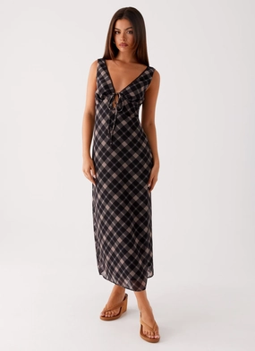 V-Neck sophisticated appearance Gianna Midi Dress - Taupe Check