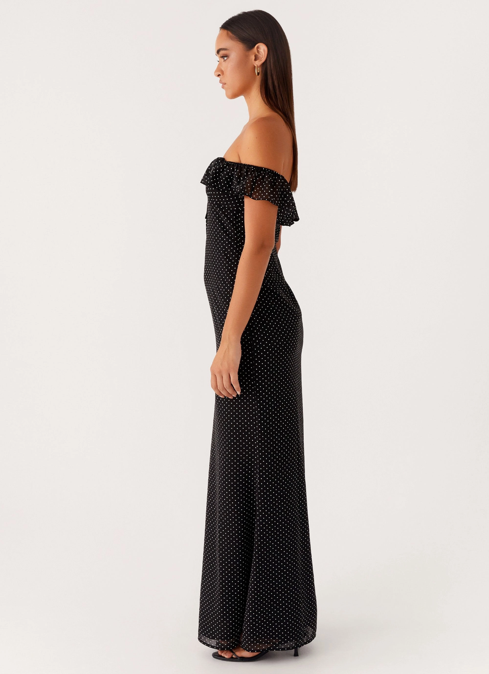 Evening Event Scarlet Cherry Maxi Dress - Black Polka Dot
