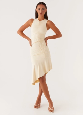 Niya Ruched Midi Dress - Pastel Yellow packable