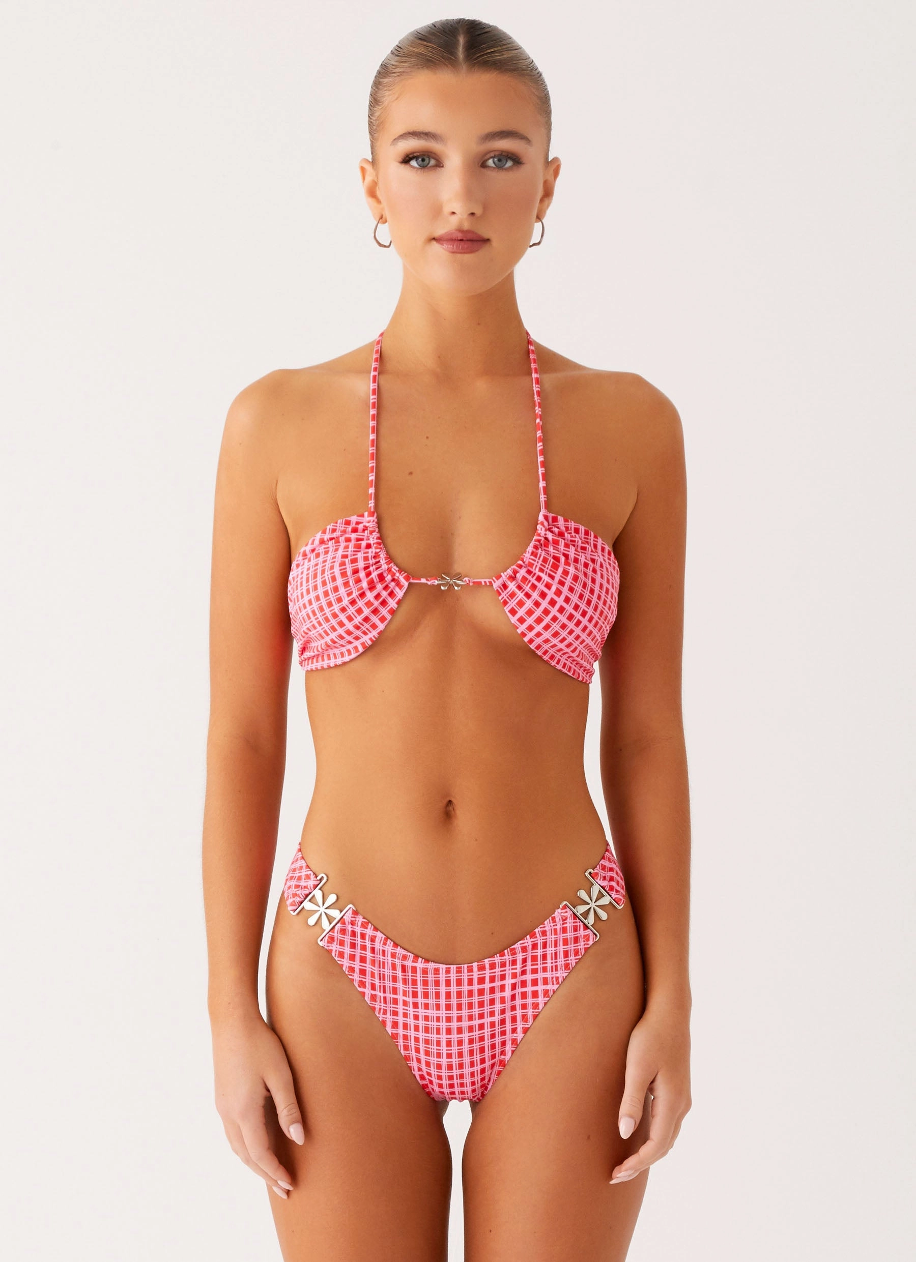Tropical Vacation Anti Chafe Panels Saint Lucia Bikini Top - Pink Check