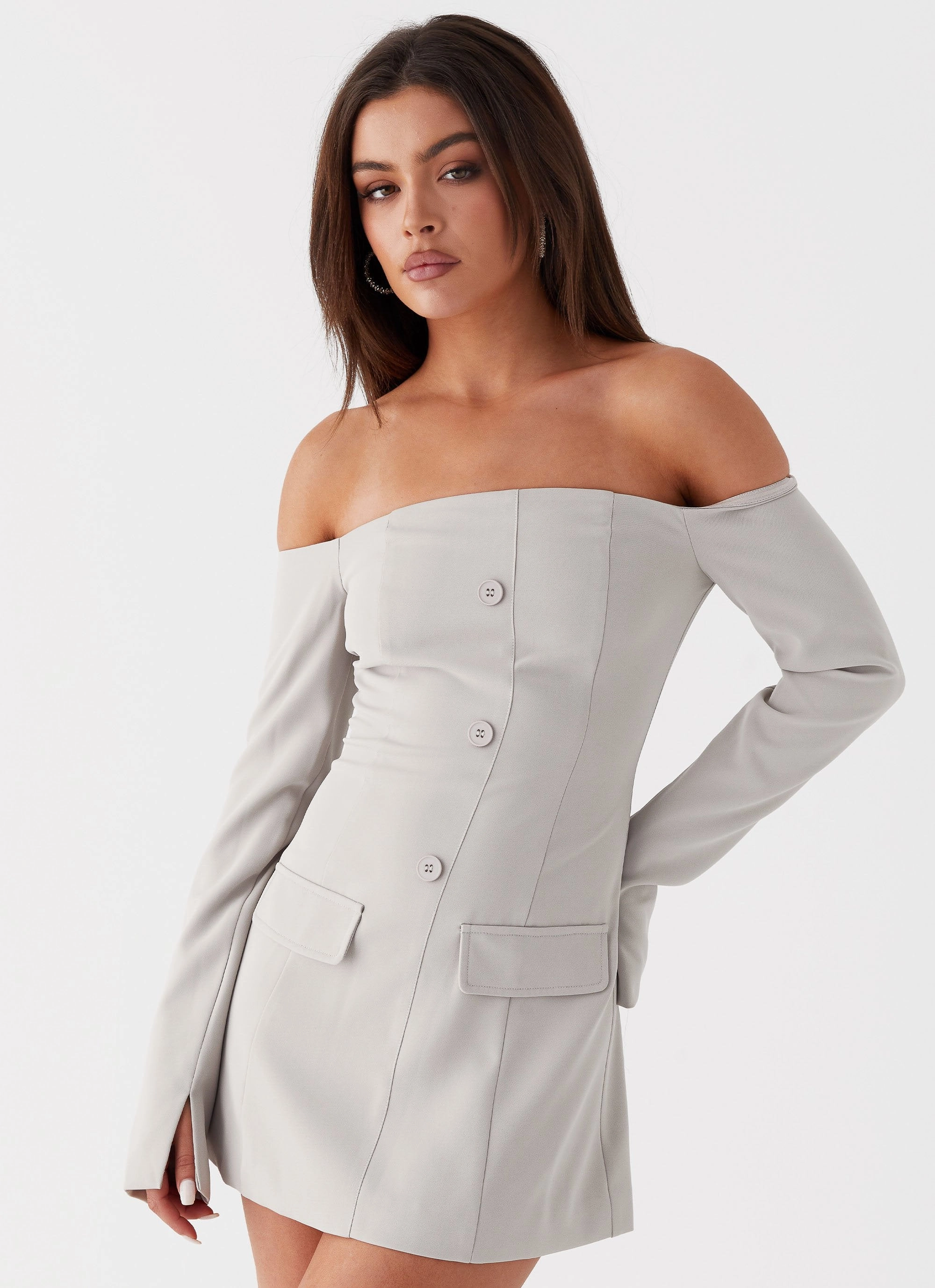 Dominique Blazer Mini Dress - Grey Soft Pleats
