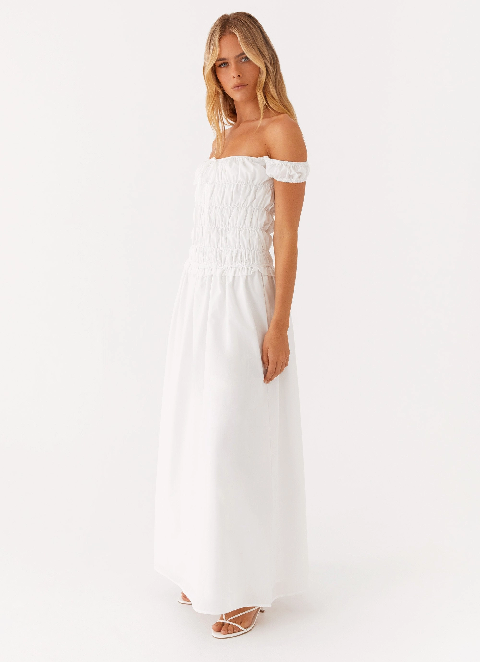 Countryside Off Shoulder Maxi Dress - Ivory Subtle pattern