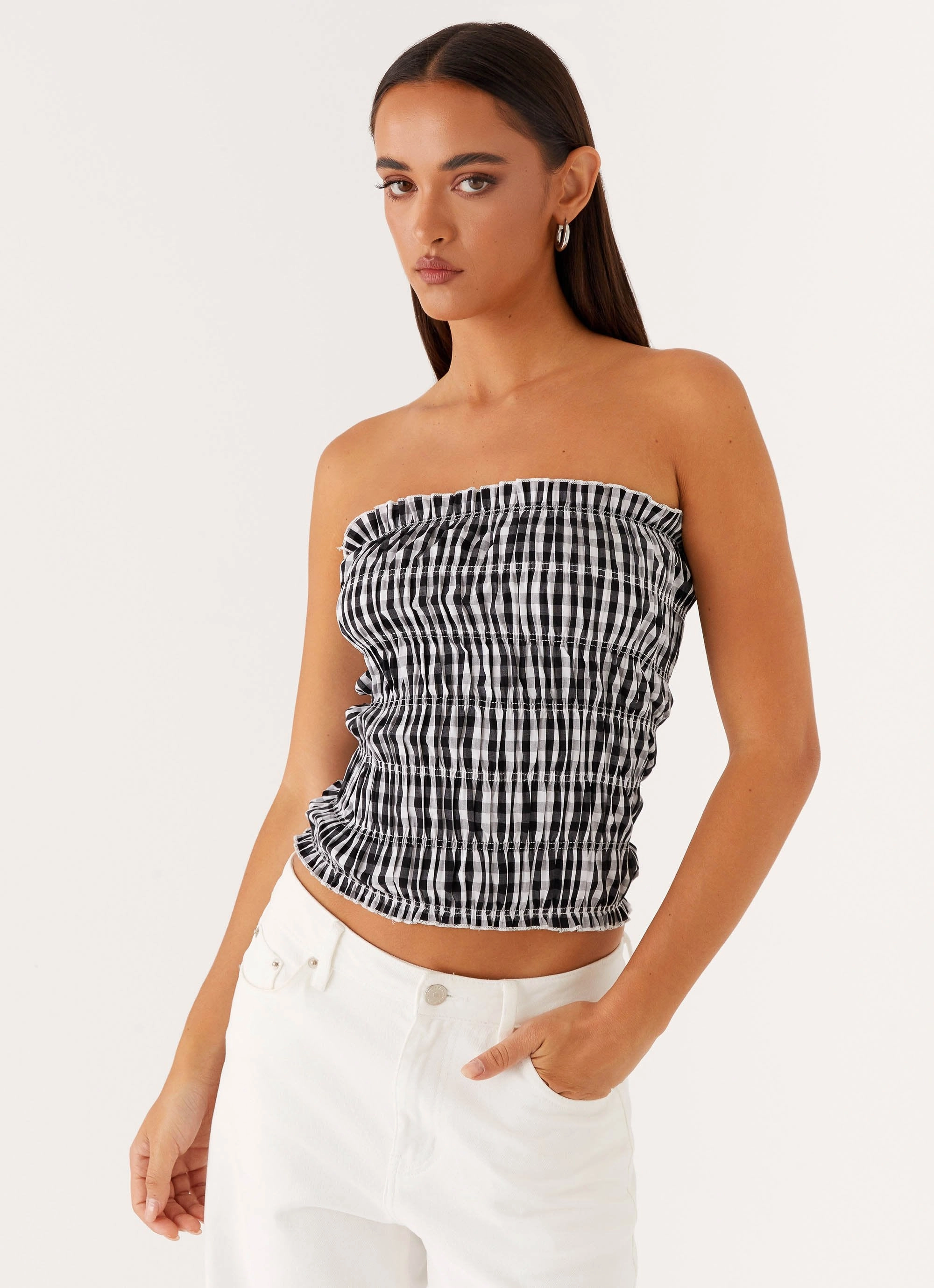 Orion Strapless Ruched Top - Black/White Gingham Light material