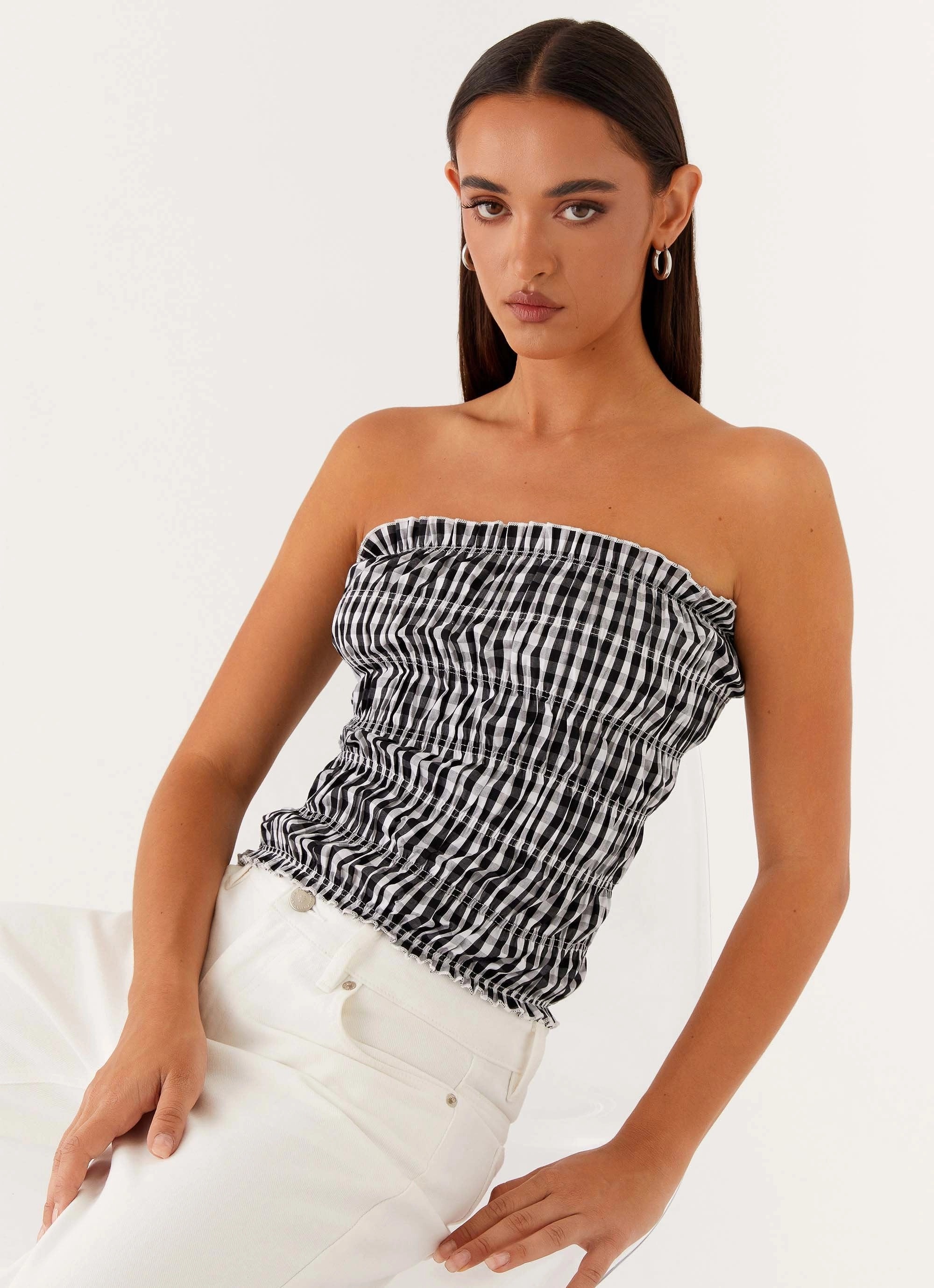 Orion Strapless Ruched Top - Black/White Gingham ReflectiveTrim FlexFoamInserts