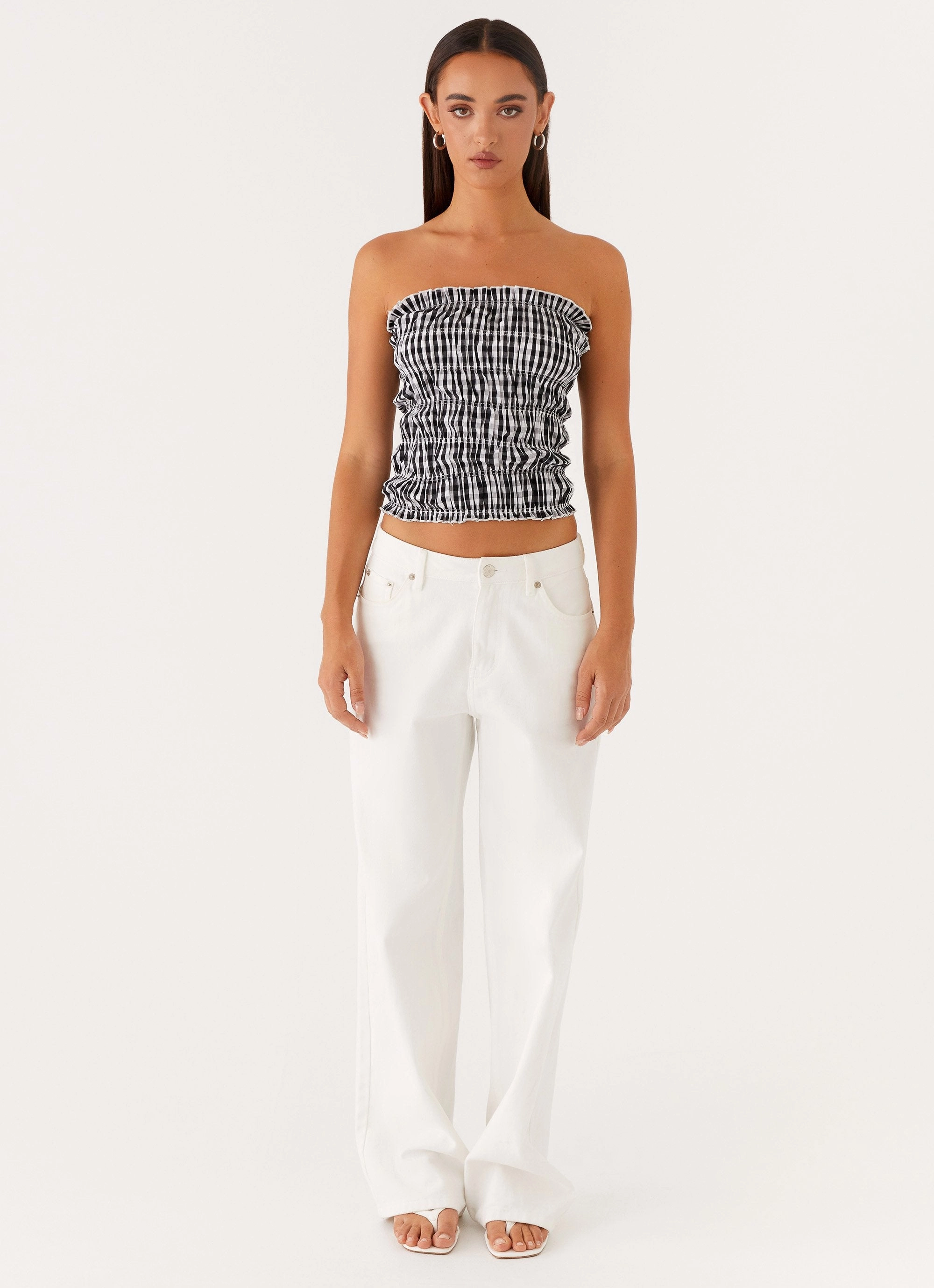 Orion Strapless Ruched Top - Black/White Gingham QuickRelease