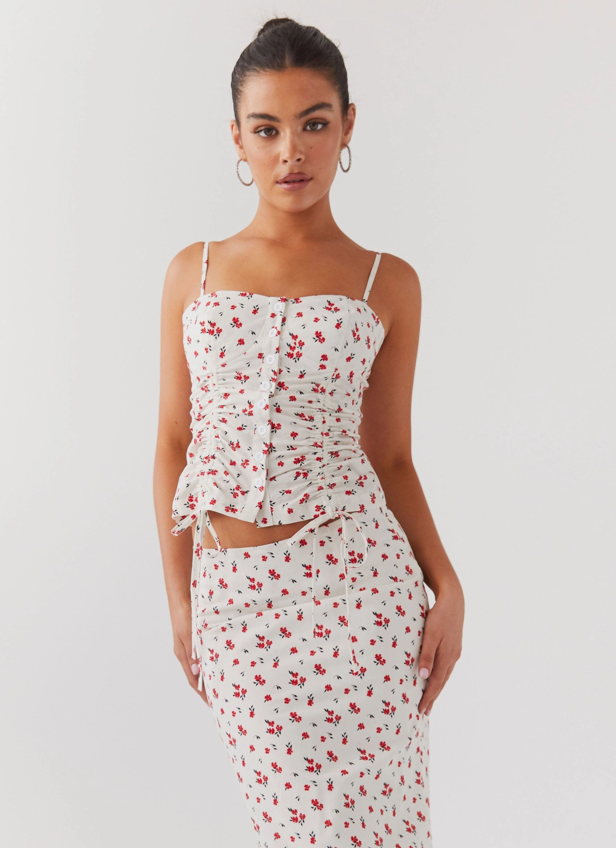 Ariana Linen Bustier Top - Poppy Floral Odor Control Finish