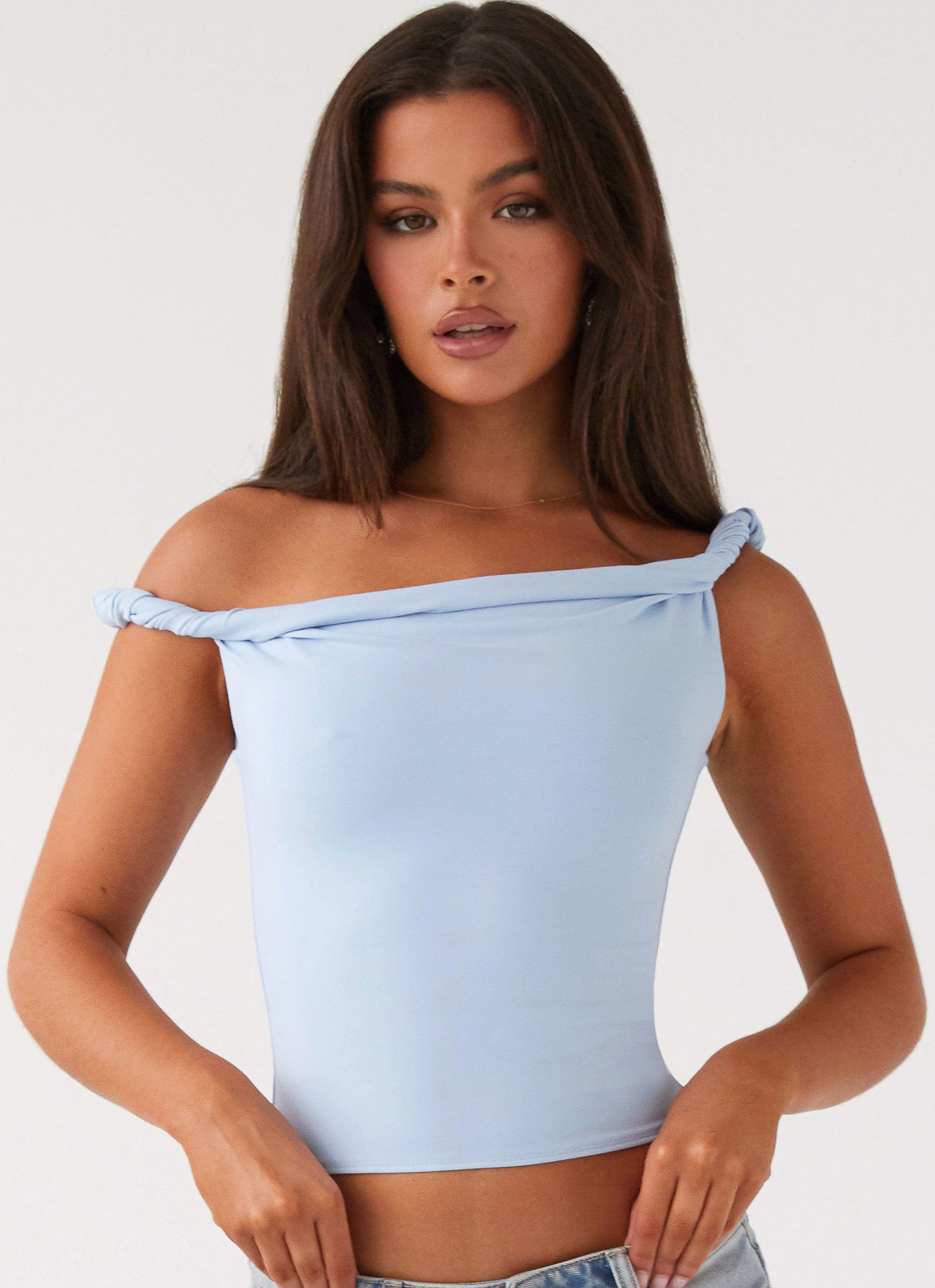 Solace Soul Twist Shoulder Top - Baby Blue Tagless Comfort
