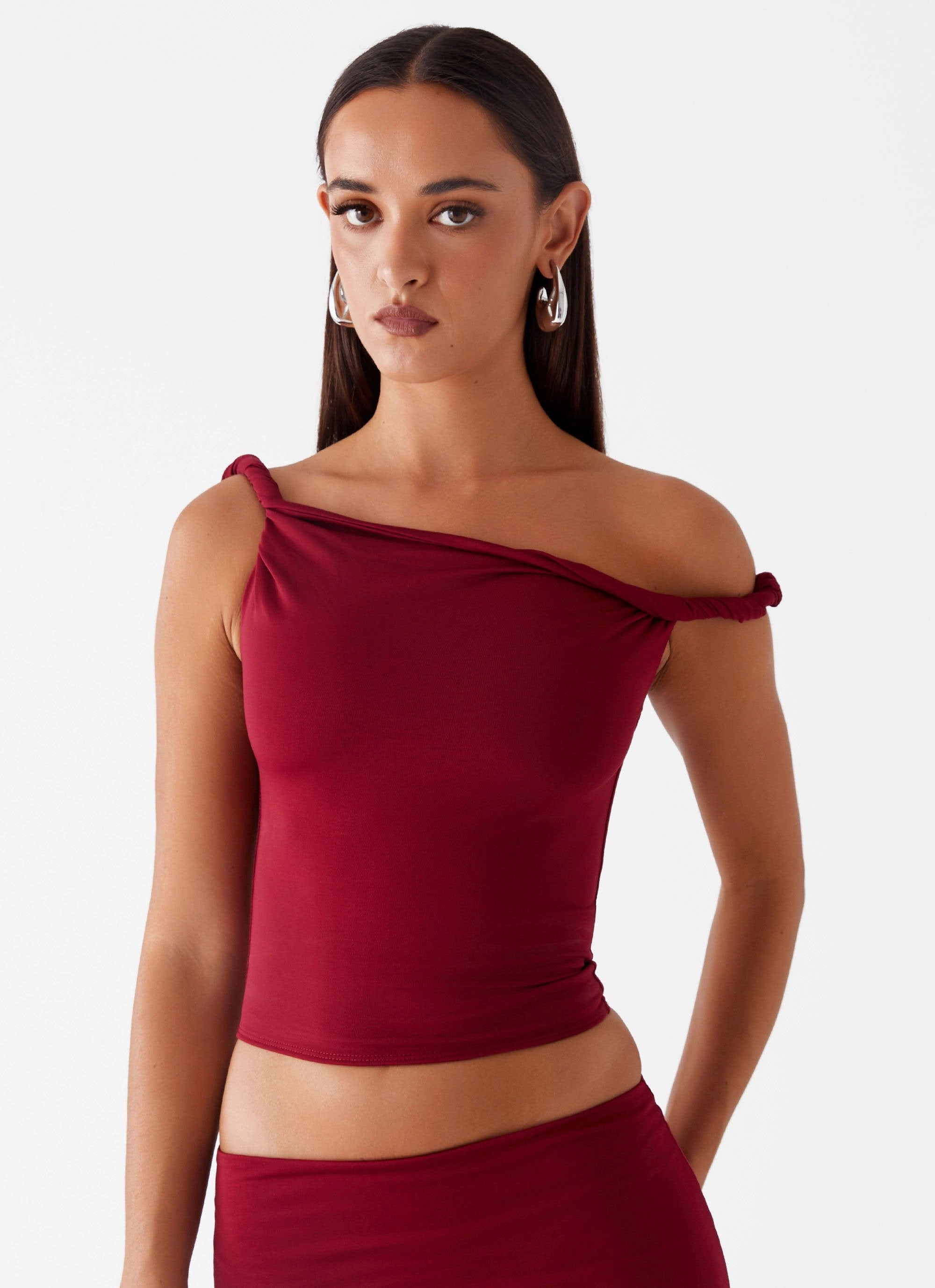 StretchComfort Solace Soul Twist Shoulder Top - Maroon