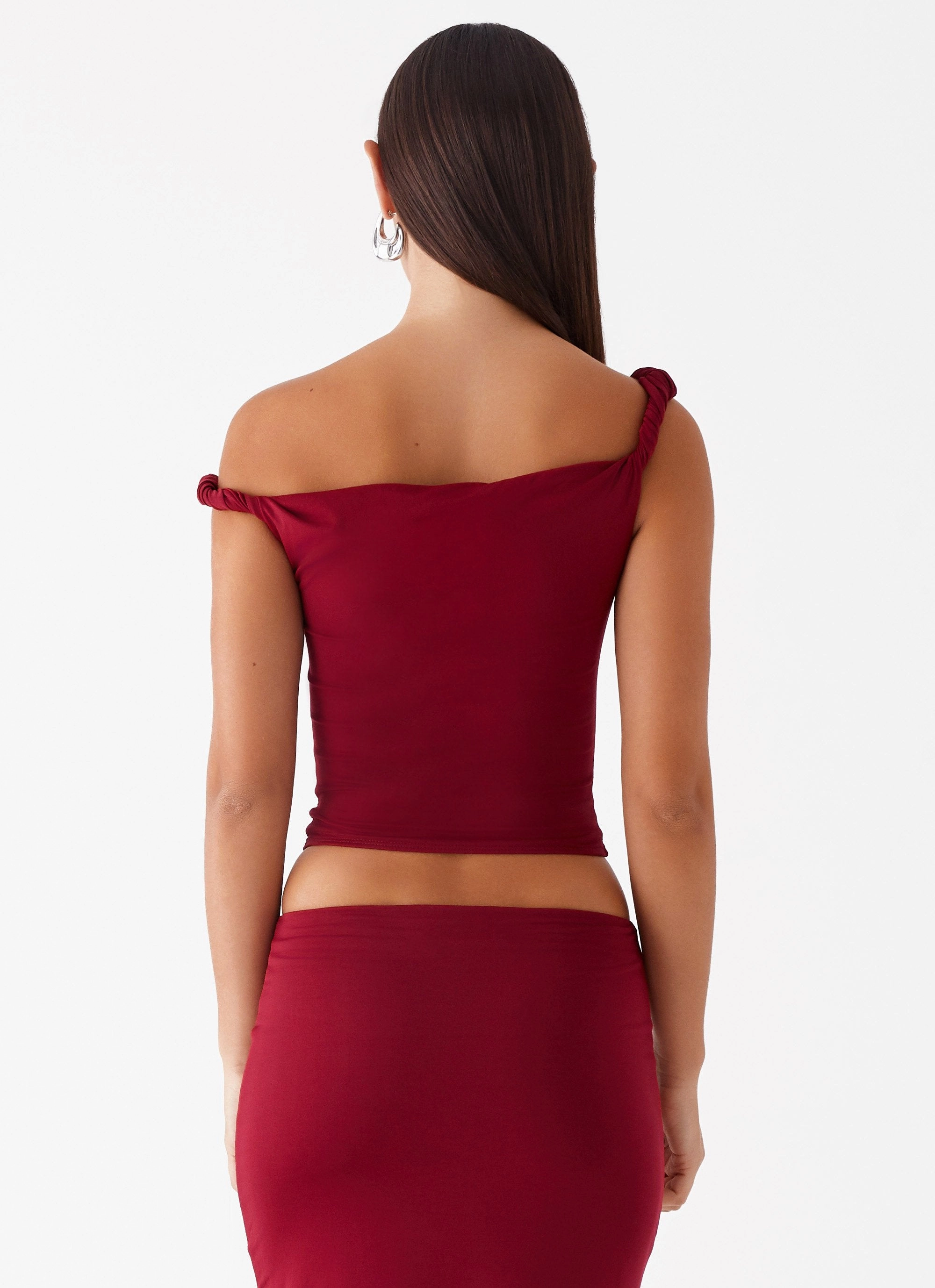 Solace Soul Twist Shoulder Top - Maroon AntiPillTreatment Silicone Grip Interior